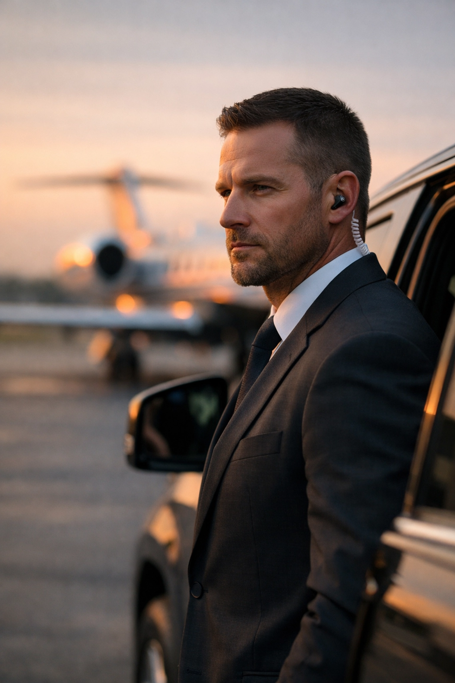A VIP security specialist providing executive protection for corporate leaders at a private airfield.