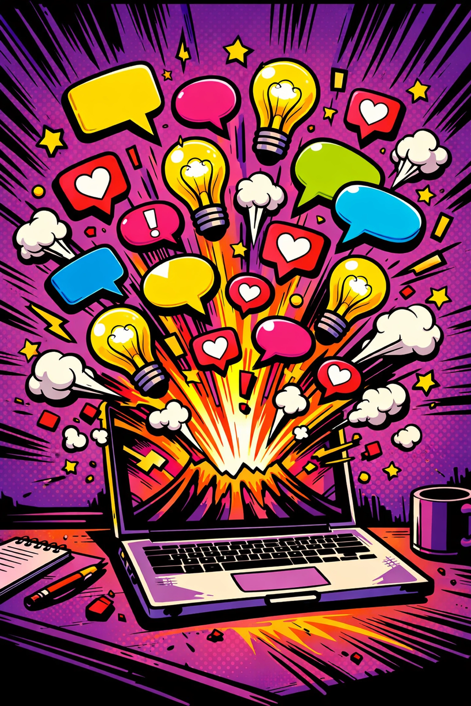 Marketing ideas erupting from a laptop screen using an AI content generator for small business.