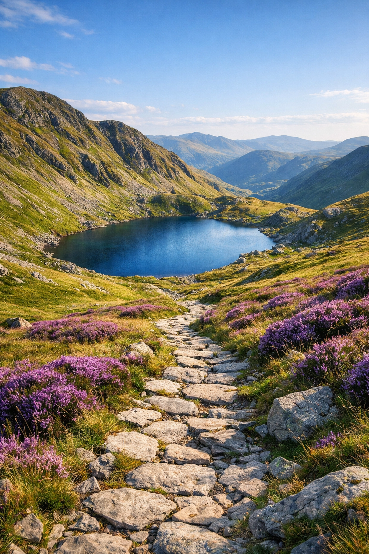 Scenic stone path leading to a blue tarn during guided walks in the Lake District fells.