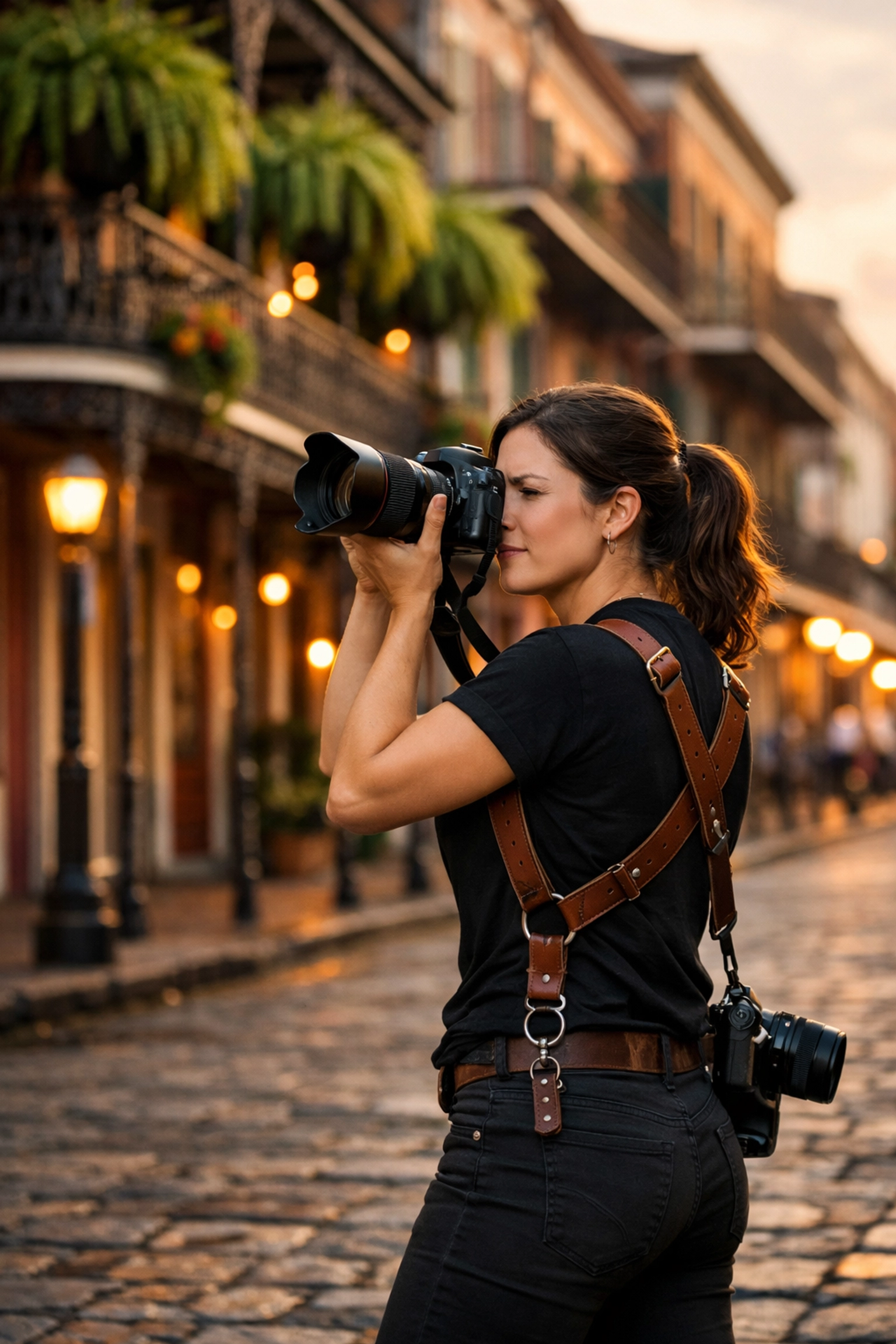 A professional photographer working on location in the French Quarter to secure new freelance gigs.