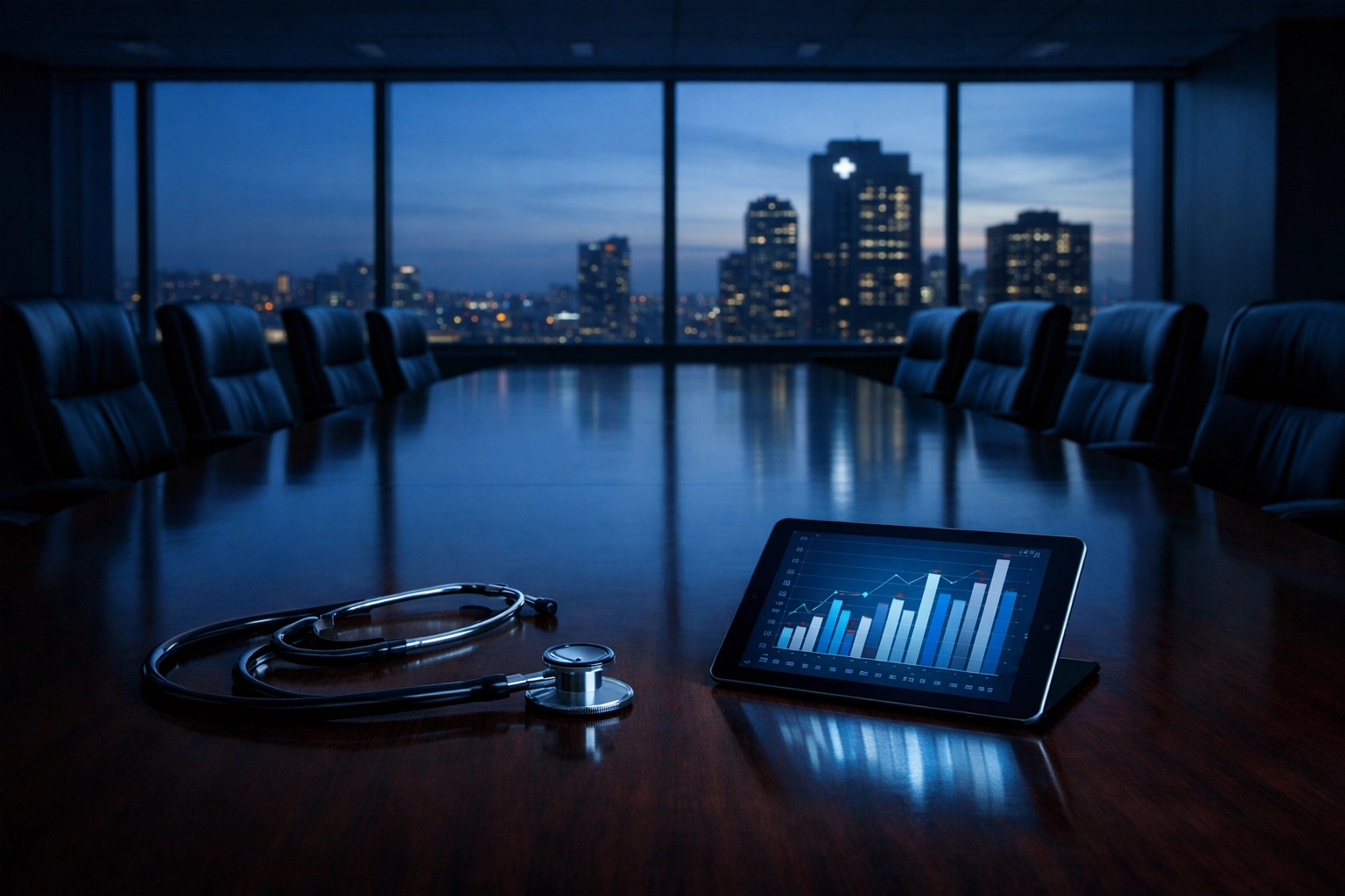 A stethoscope and data chart in a corporate boardroom, illustrating healthcare revenue-driven AI strategies.