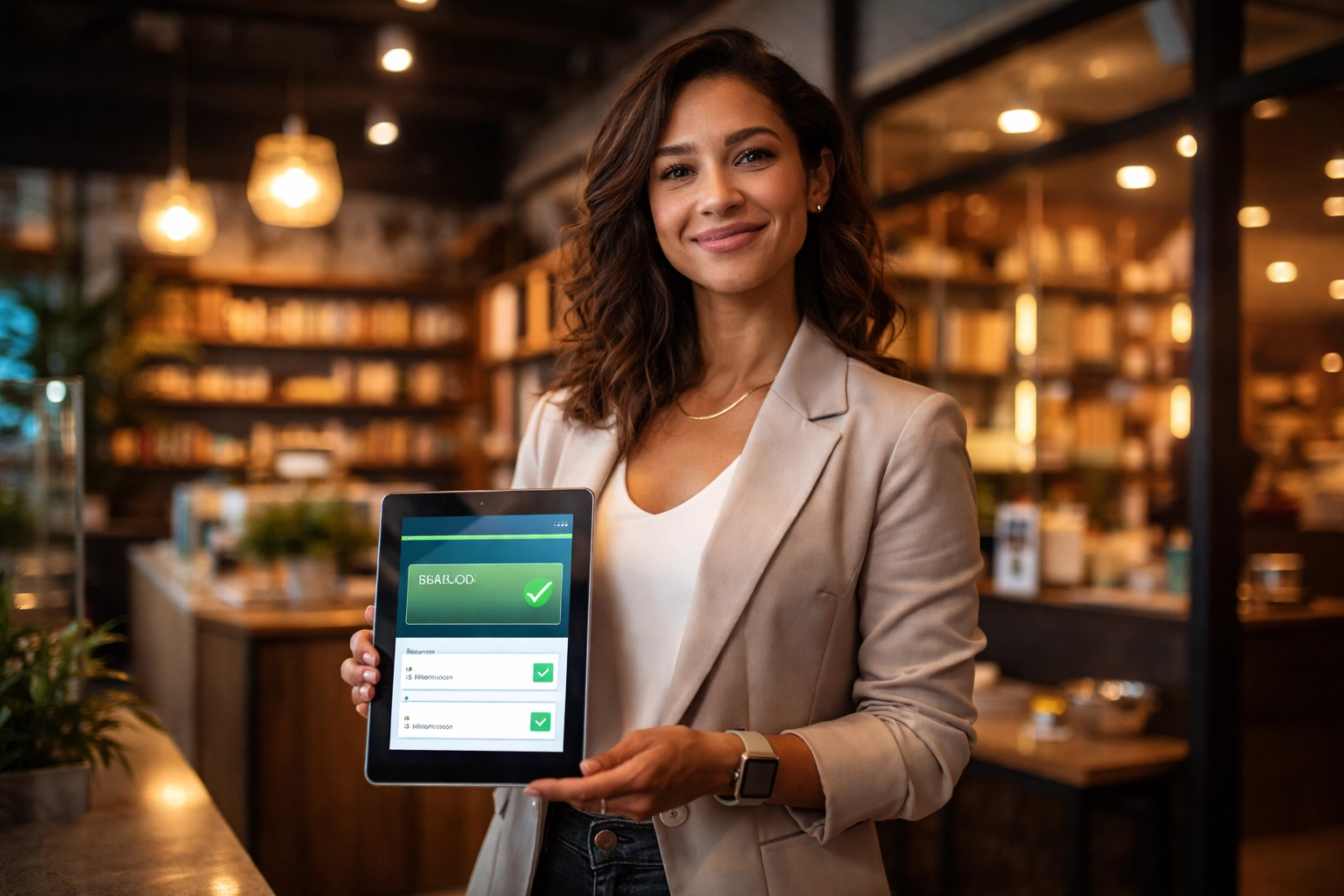 Small business owner in a modern shop holding a tablet with a digital wallet, showing financial control with Web3 crypto payments.