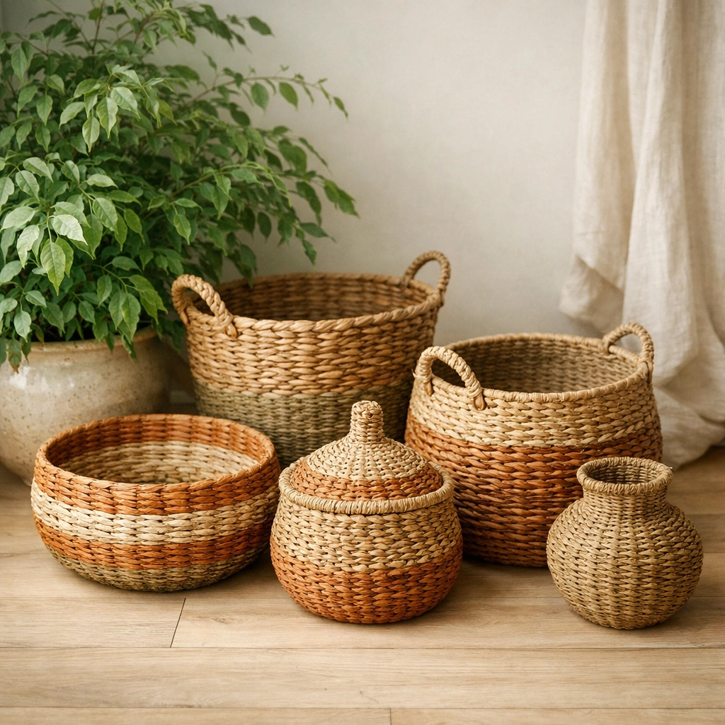 Artisanal woven baskets paired with a green plant to create a calming, biophilic home environment.