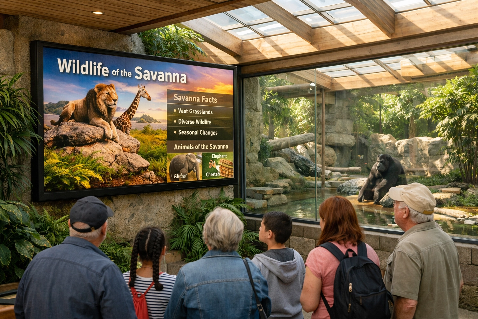Zoo visitors engage with digital signage display near animal exhibit for educational content