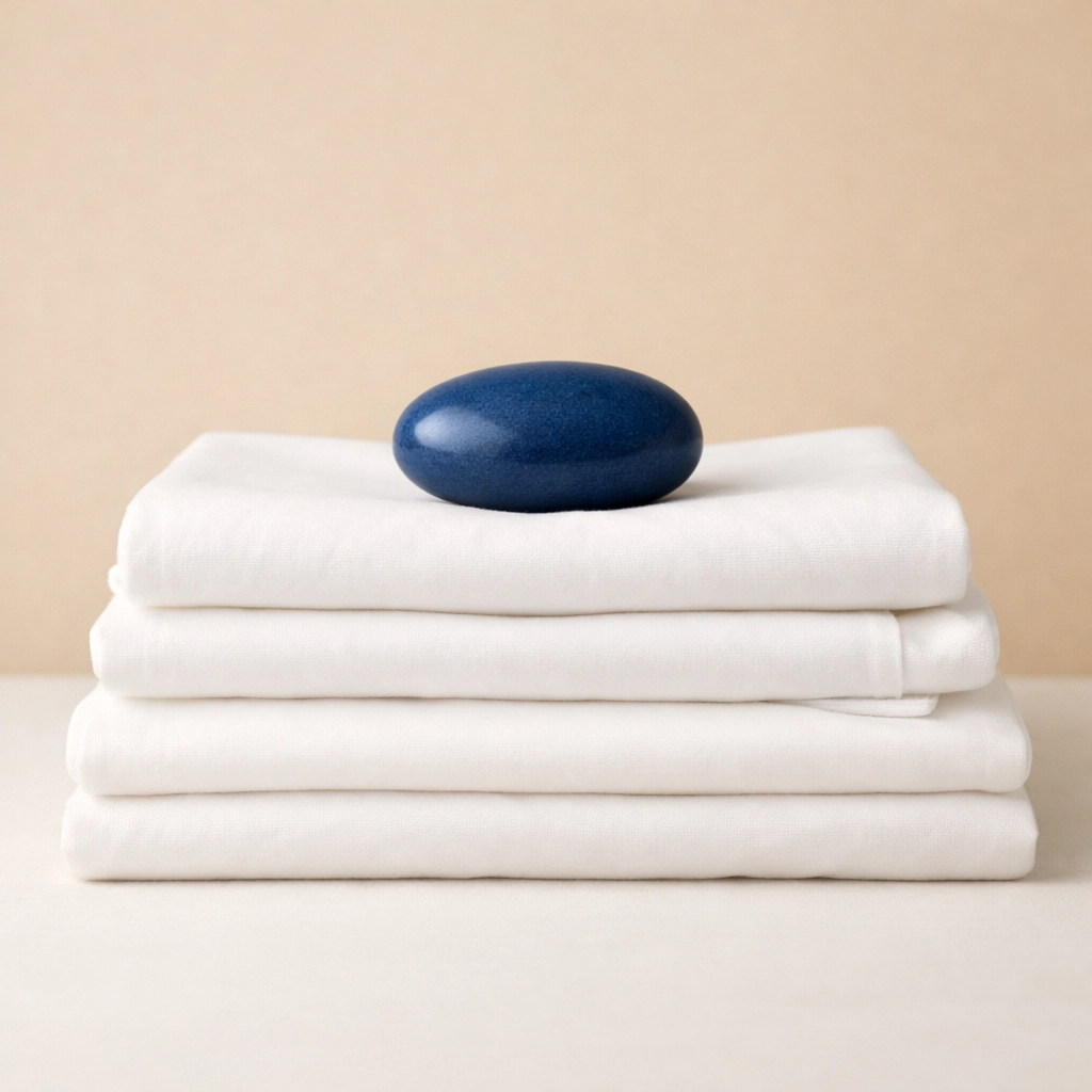 Minimalist blue stone on linens symbolizing deep sleep and magnesium-aided recovery for athletes.