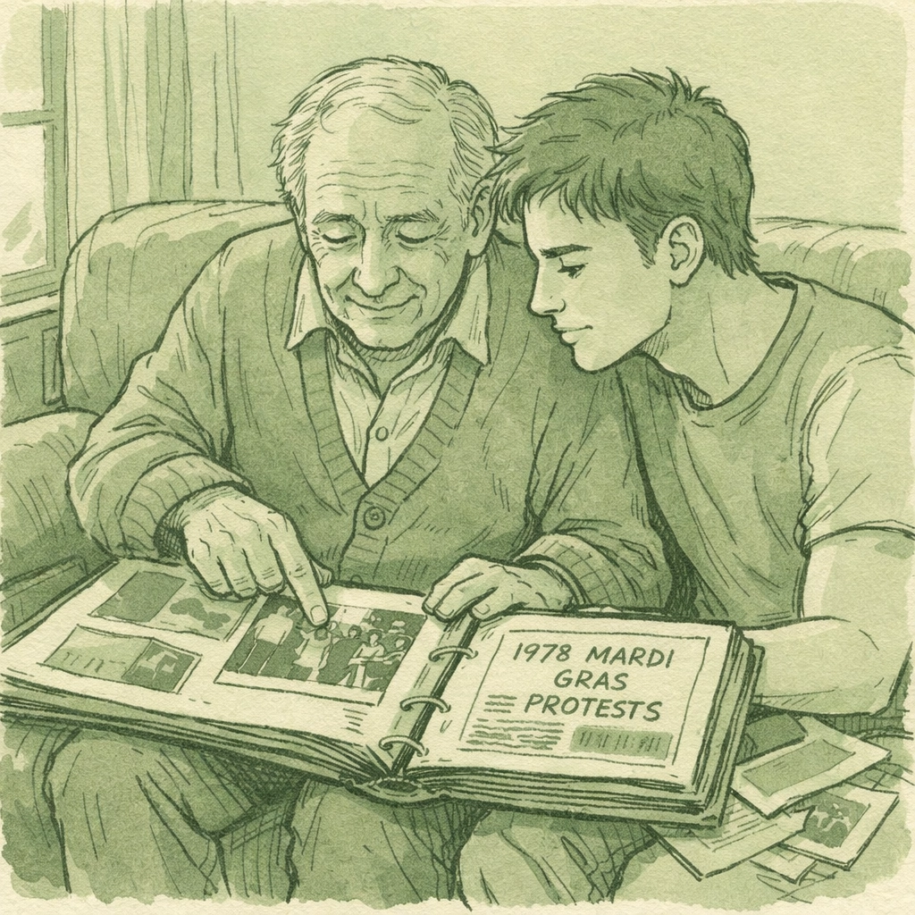 Grandfather and grandson sharing 1978 Sydney Mardi Gras history and photo memories