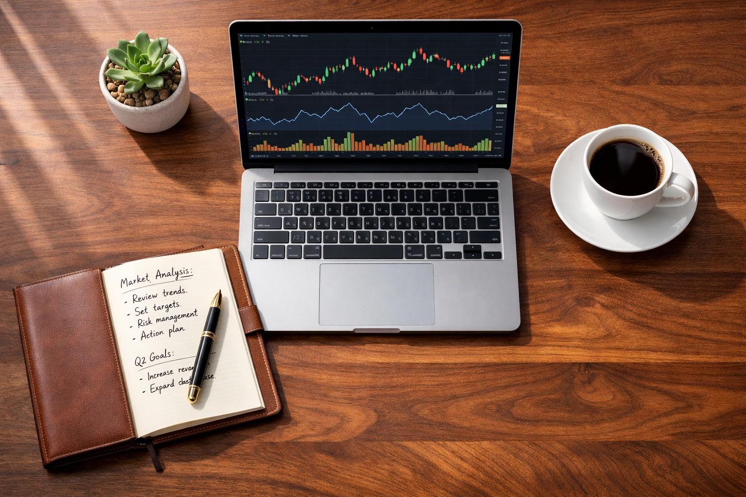 Investment planning workspace with financial charts and strategic allocation notes