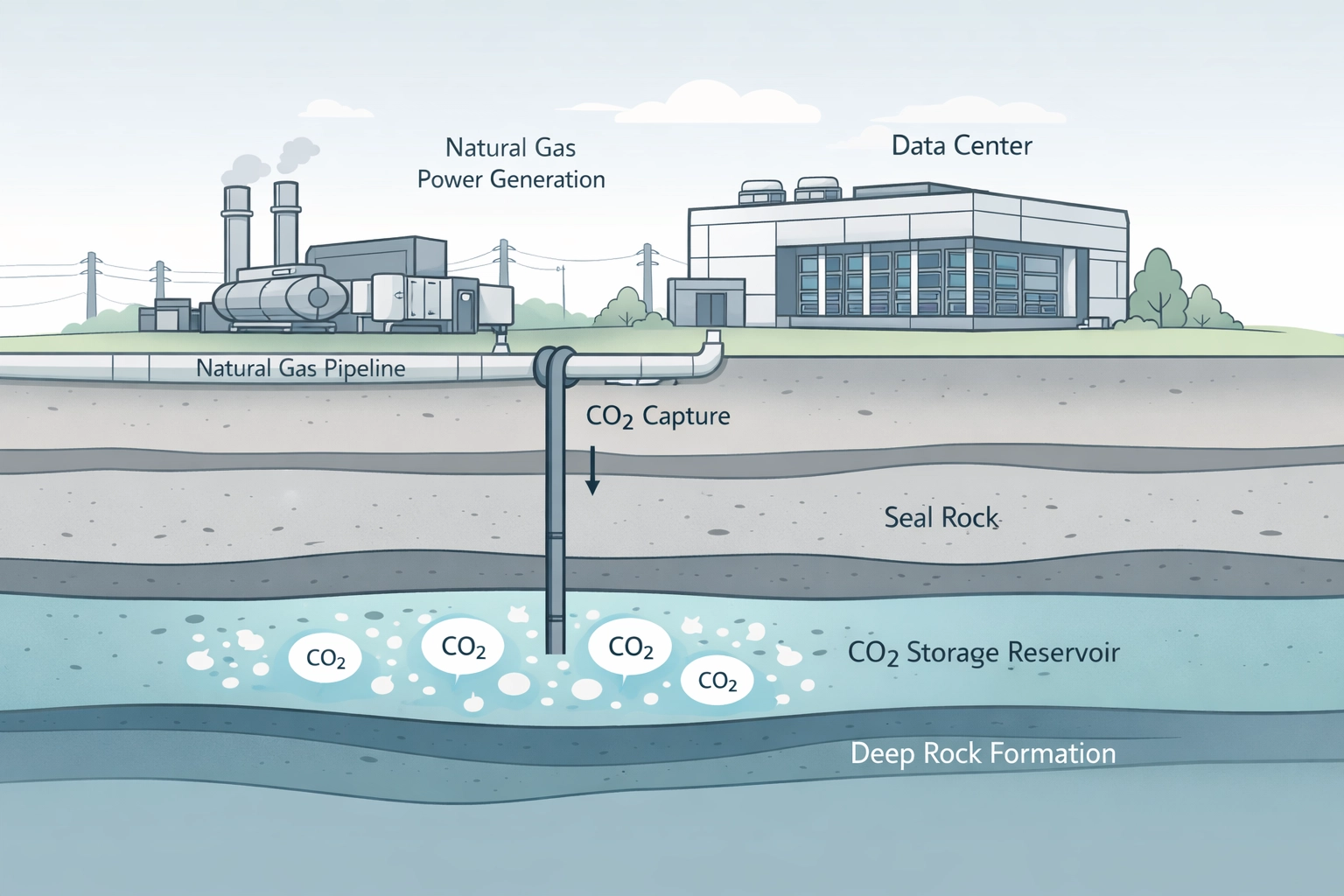 Low-carbon data center with integrated carbon capture and underground storage system