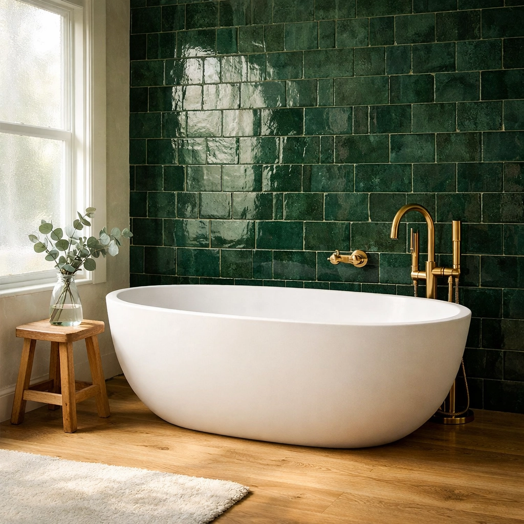 Luxury bathroom design in Nottingham featuring green tiles and a stone tub.
