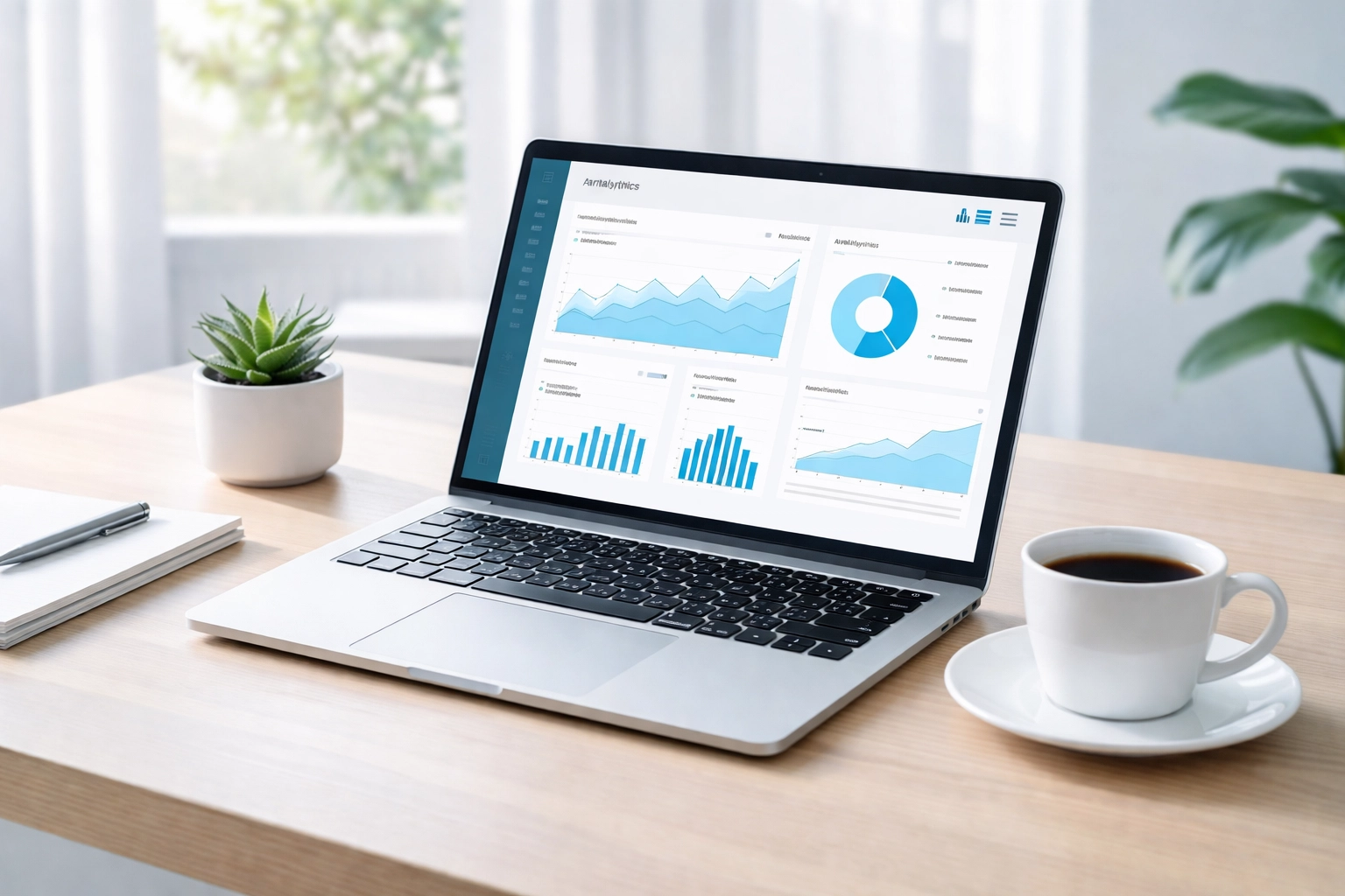Startup workspace with laptop showing analytics charts, reflecting SEO growth for startups
