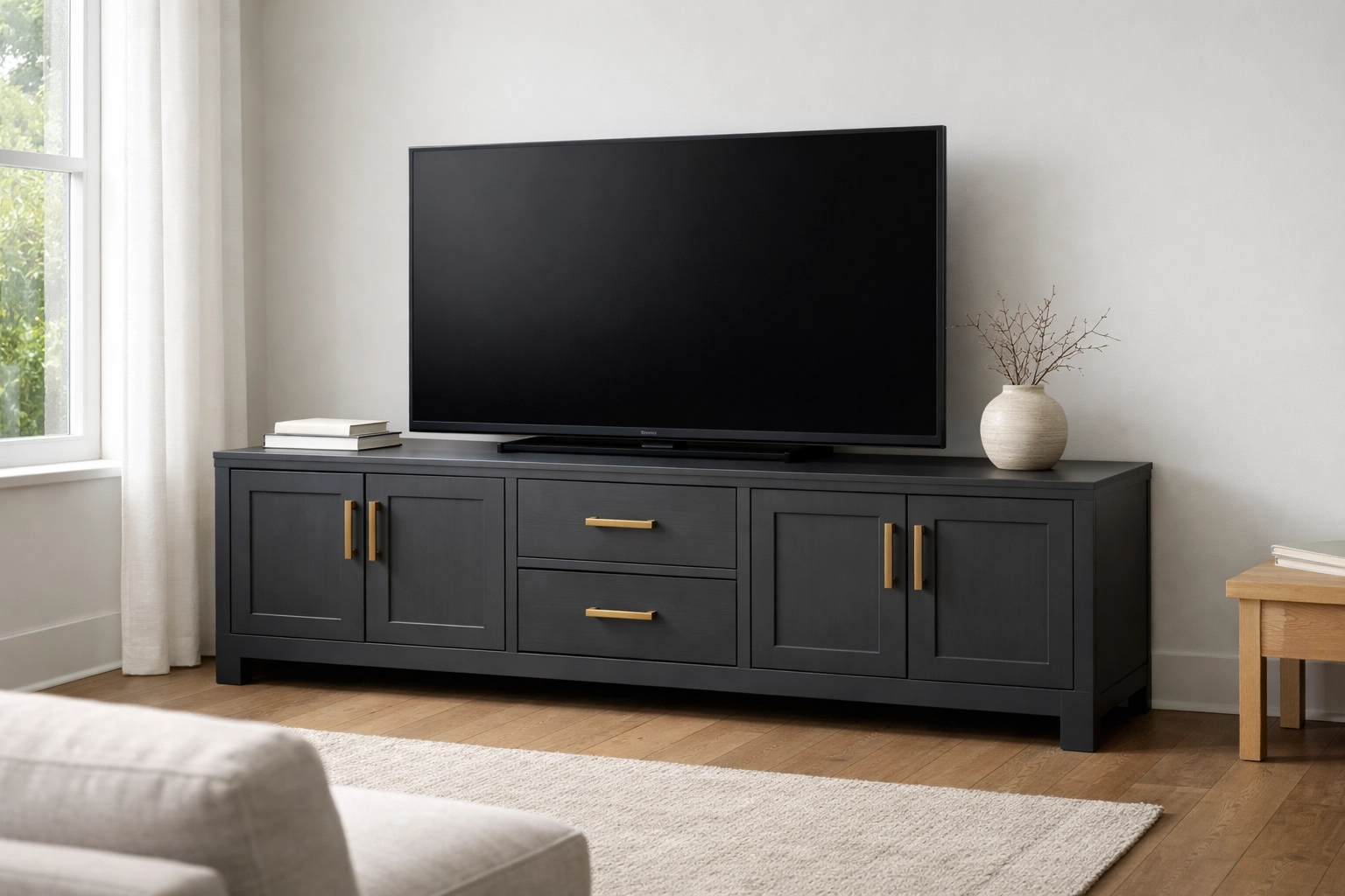 Upcycled TV unit featuring a sage-green botanical wallpaper interior for a unique living room style.