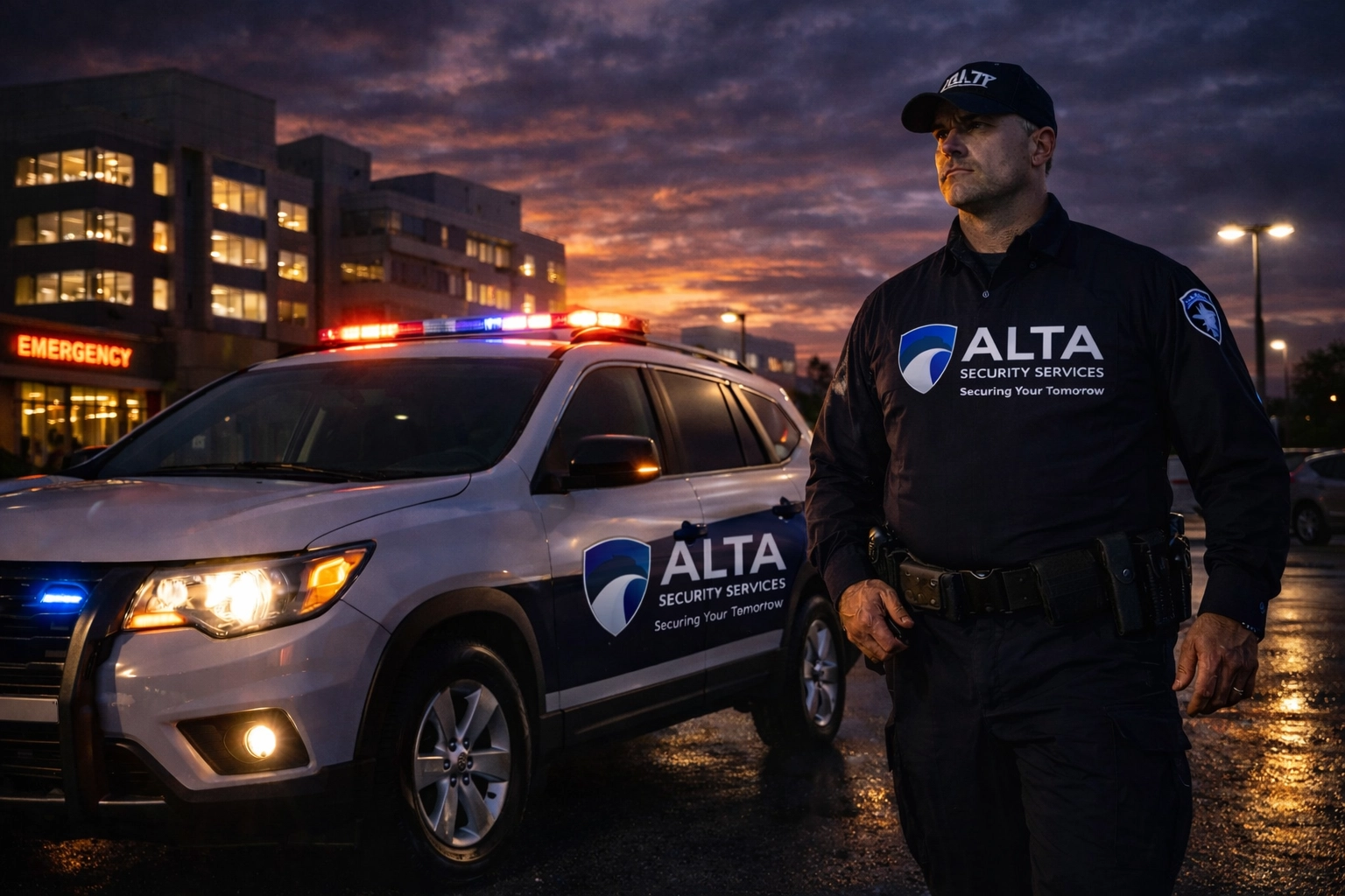 Marked security patrol vehicle conducting rounds in hospital parking lot at dusk