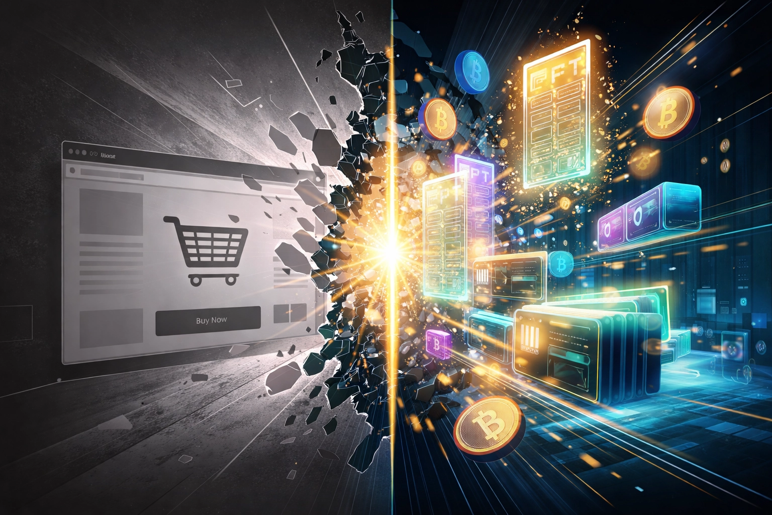 Split image showing old e-commerce beside a vibrant metaverse marketplace with NFT receipts and crypto payments