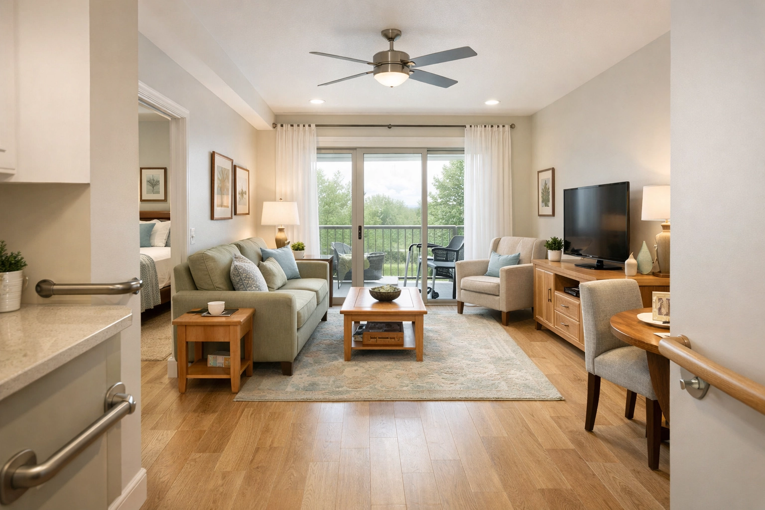 Bright senior living apartment interior with modern amenities and accessibility features