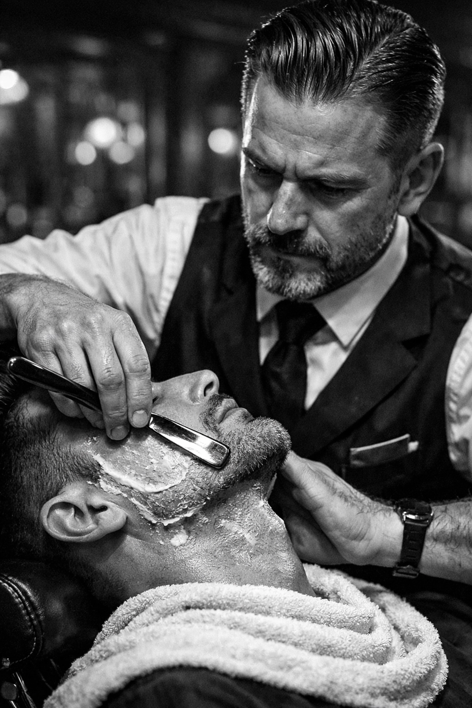 Master barber performing a professional straight-razor shave as part of elite grooming services.