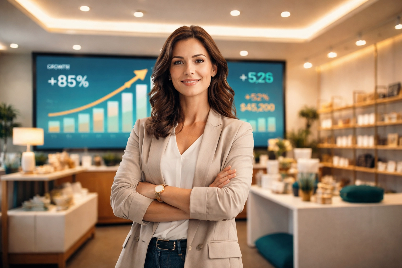 Confident merchant standing in a modern shop with rising profit charts, highlighting interchange fee reduction with Larecoin.