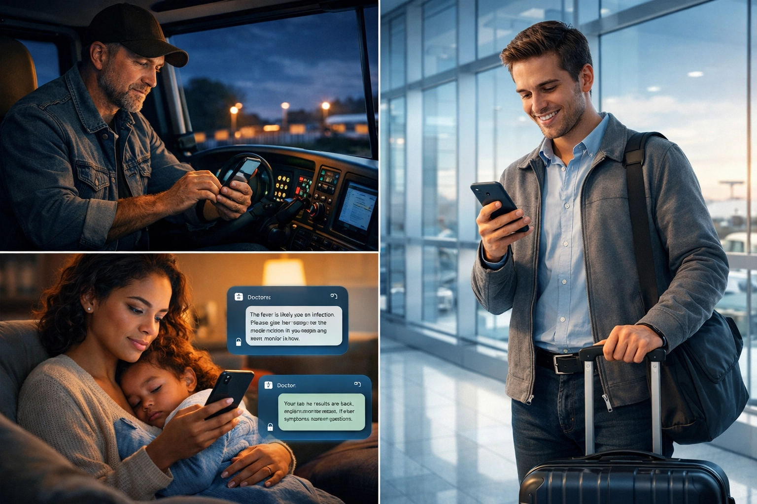 A traveler, parent, and truck driver using secure medical messaging to chat with a doctor 24/7 for an online prescription.