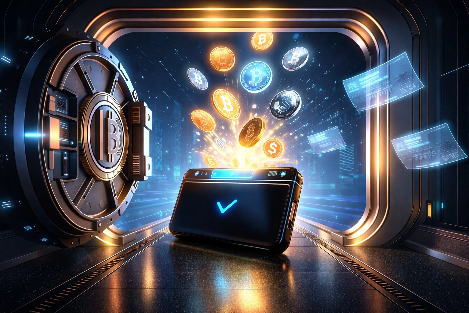 Open vault showing cryptocurrency tokens flowing into a merchant wallet, symbolizing self-custody and reduced interchange fees.