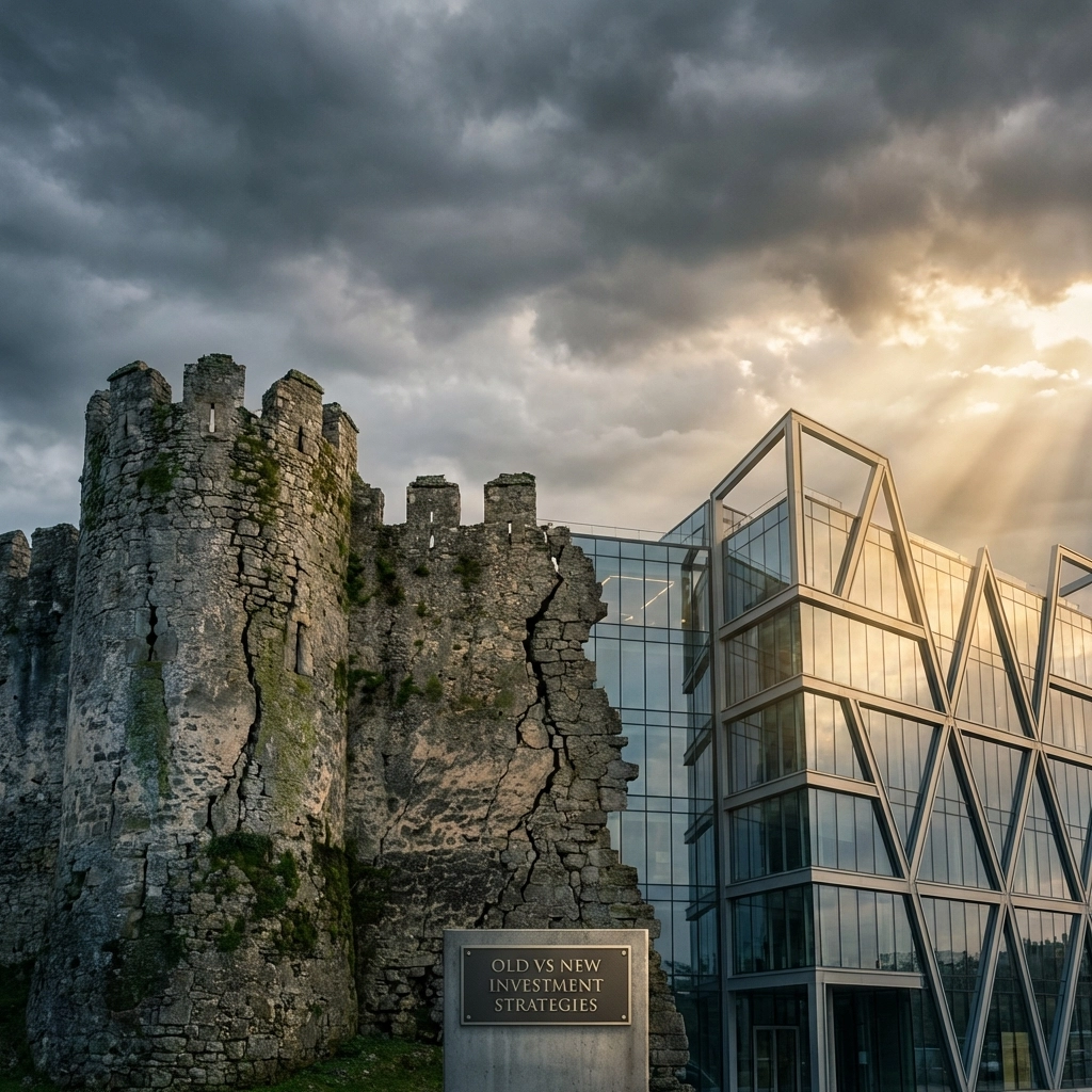 Visual comparison of a crumbling stone wall and sleek modern structure symbolizing outdated versus updated investment strategies