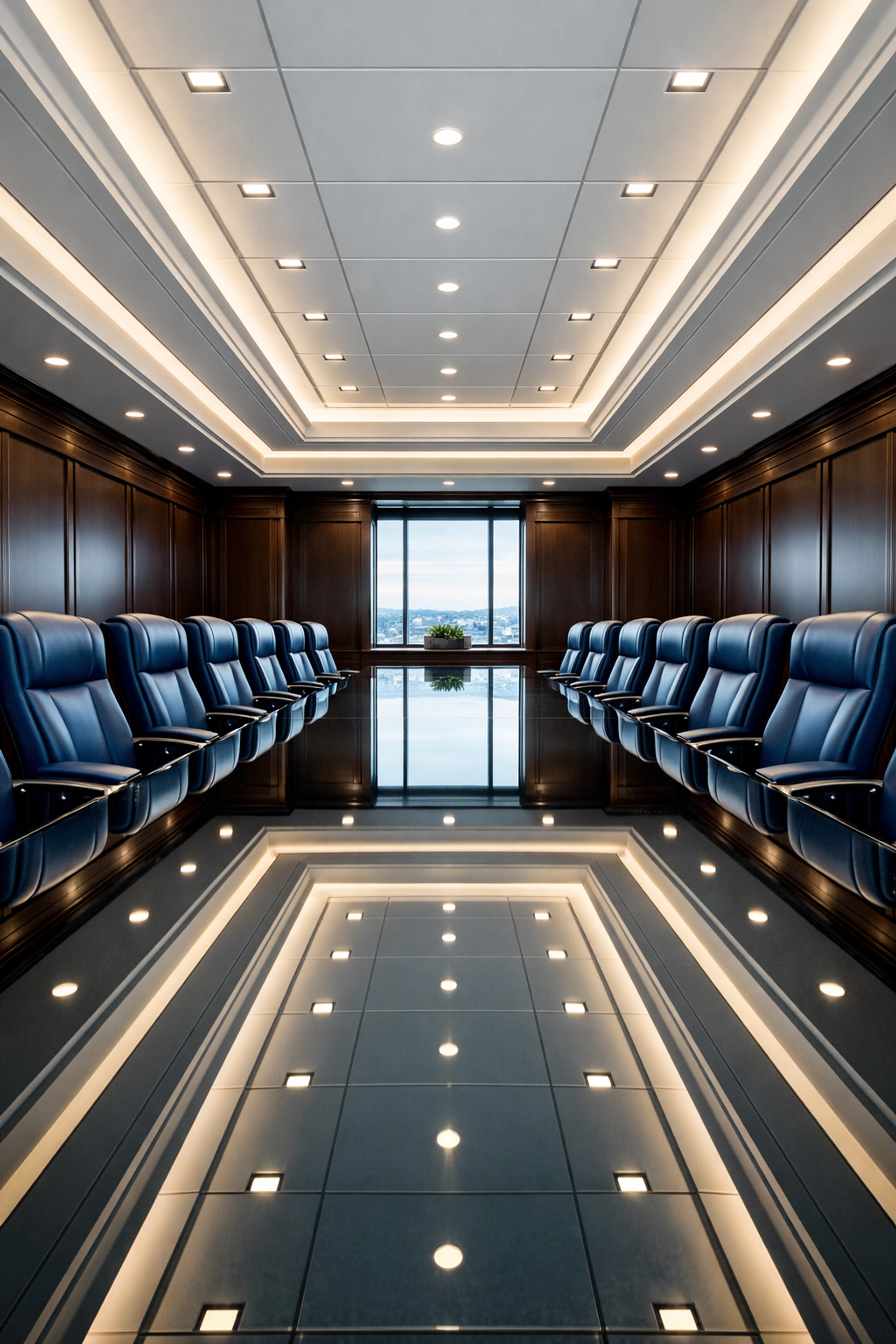 Pristine executive conference room with a reflective glass table showcasing professional office cleaning excellence.