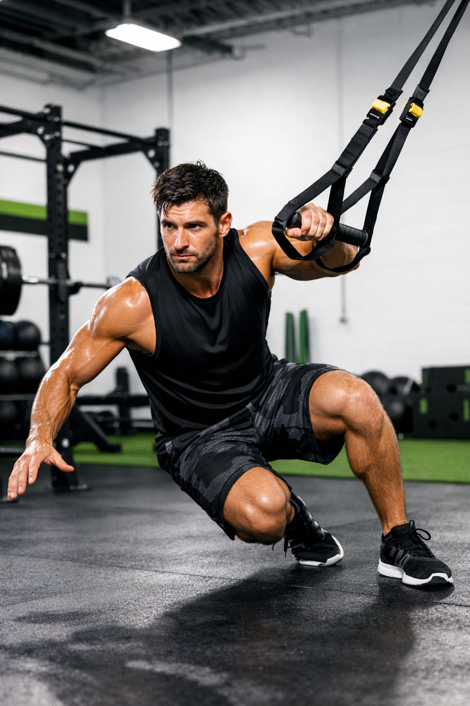 Athlete performing a suspension trainer power pull for core stability at Agility PT in Venice.