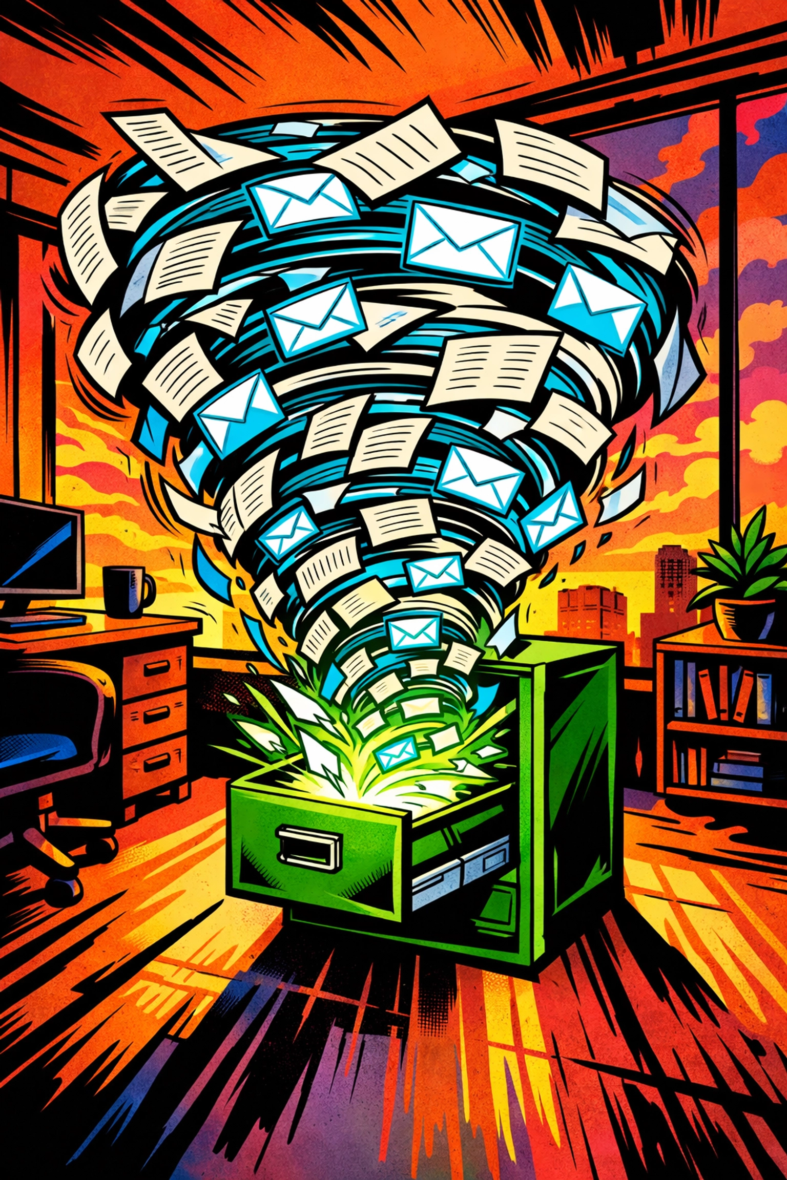 AI document automation software organizing digital files and paperwork in a modern office setting.