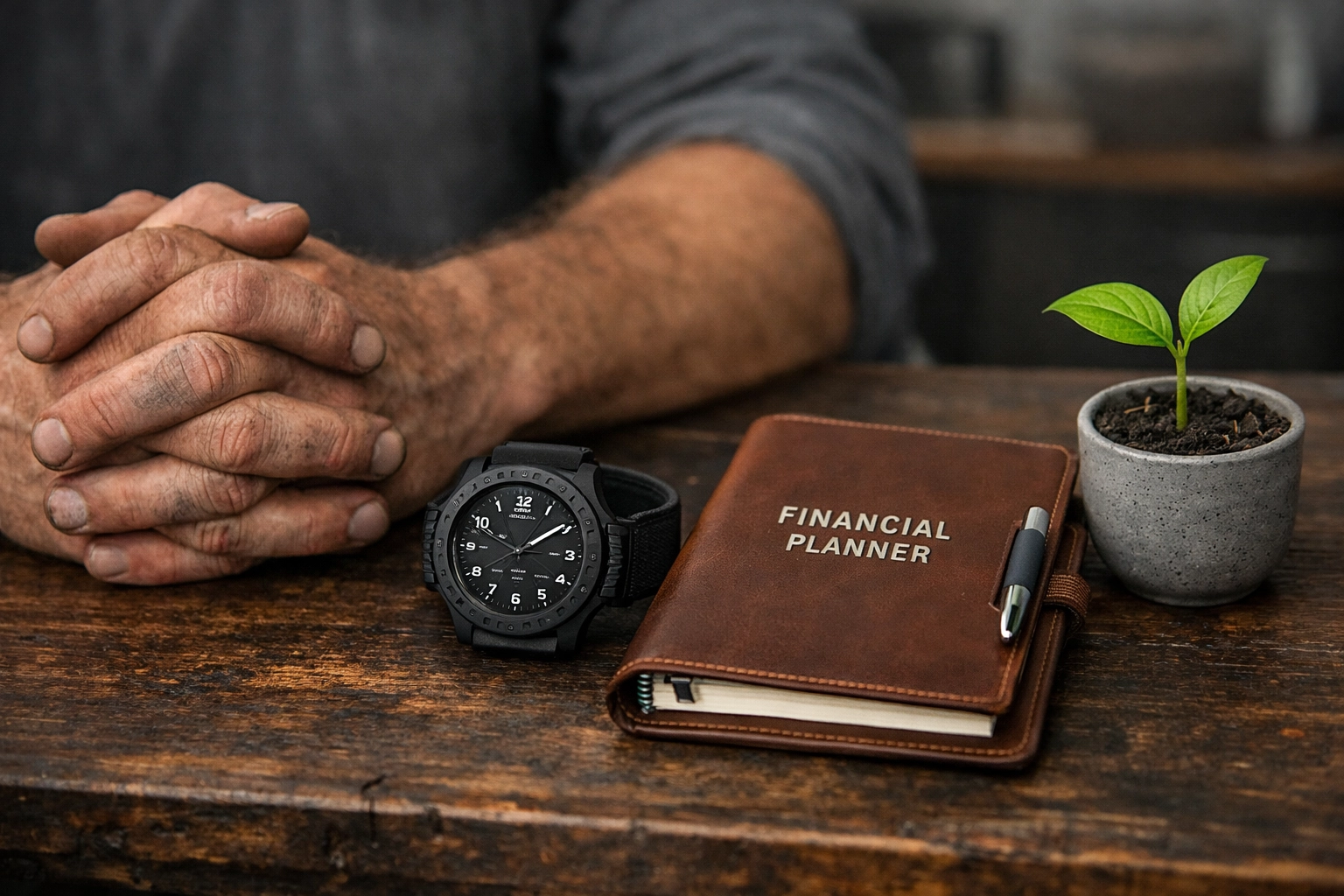 Rugged hands with a financial planner and seedling symbolizing wealth growth and the Warrior-Steward identity.