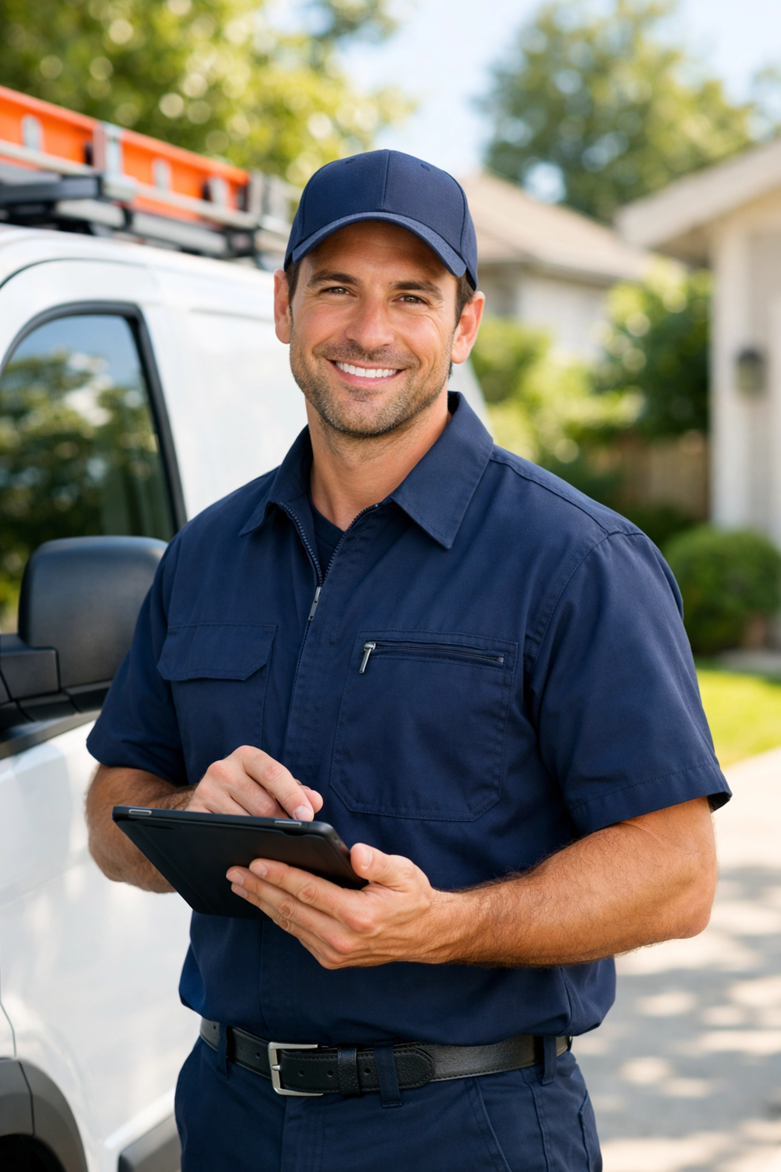 A professional service technician in uniform holding a tablet next to a clean fleet service vehicle.