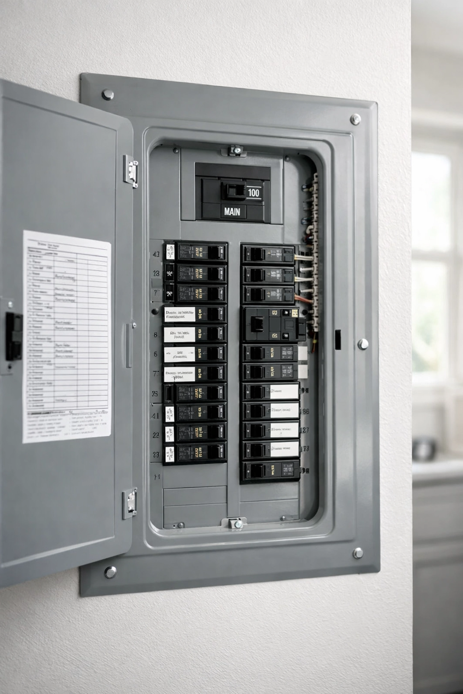 Modern electrical panel with circuit breakers in Southern Maine home