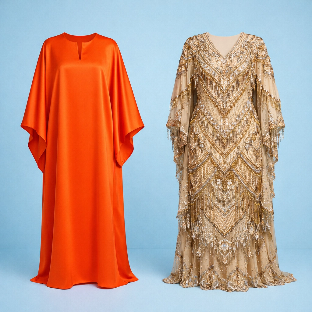 Comparison of a ready-to-wear Boubou and a custom bespoke African dress on mannequins.