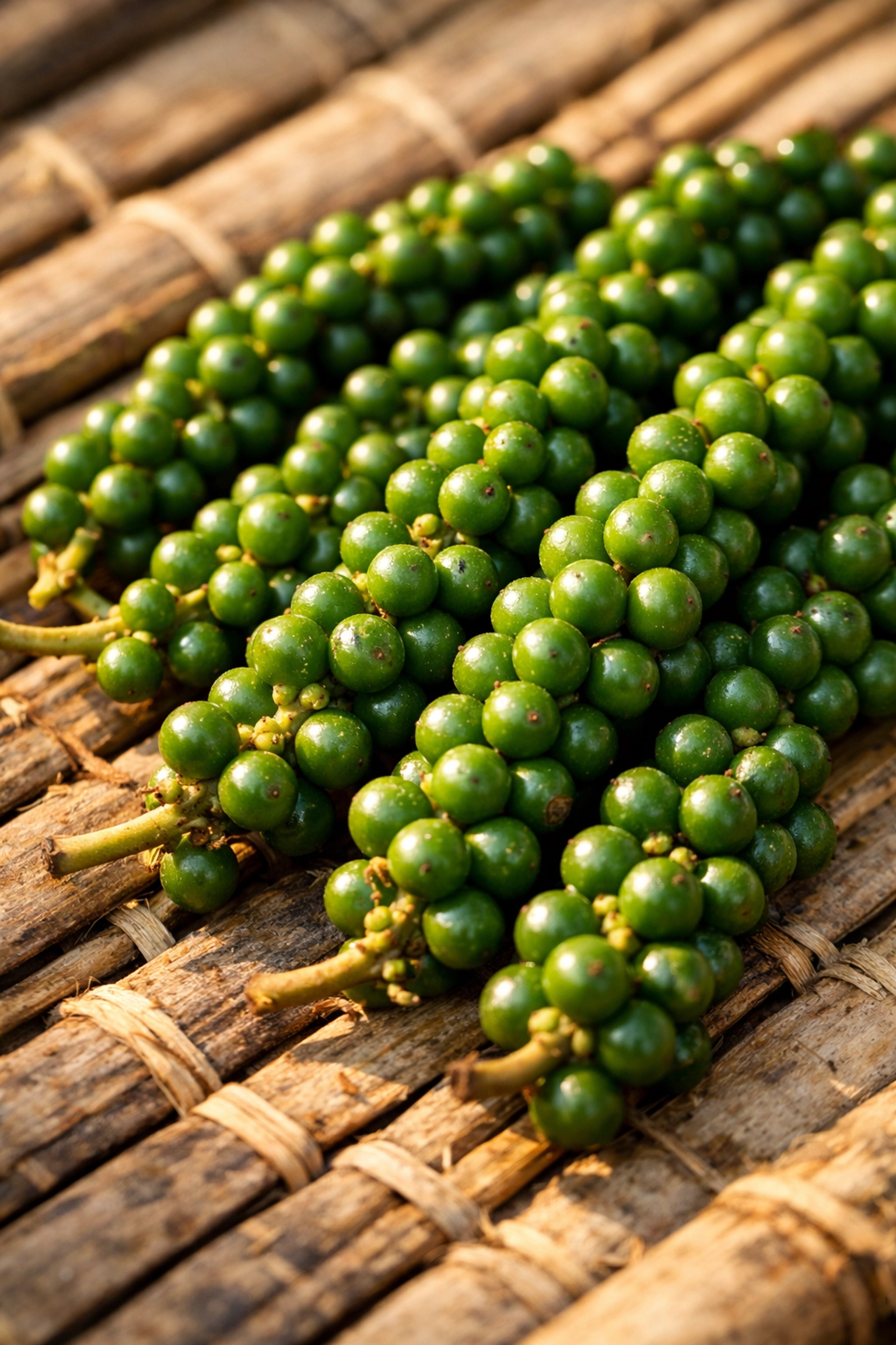 Fresh green peppercorns on bamboo mats, sourced for the best black pepper buy online.