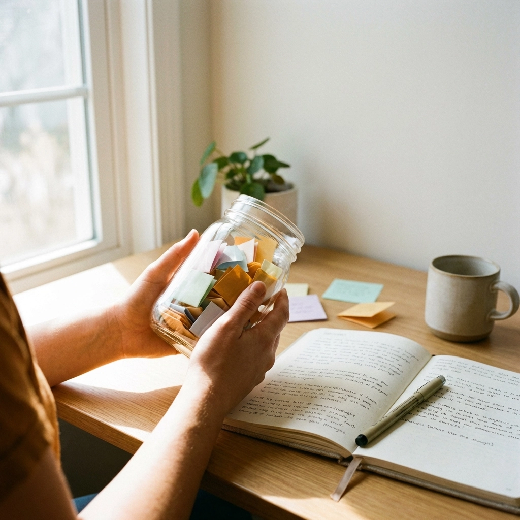 Hands holding a jar of colorful notes, representing celebrating small victories and tracking mental health progress