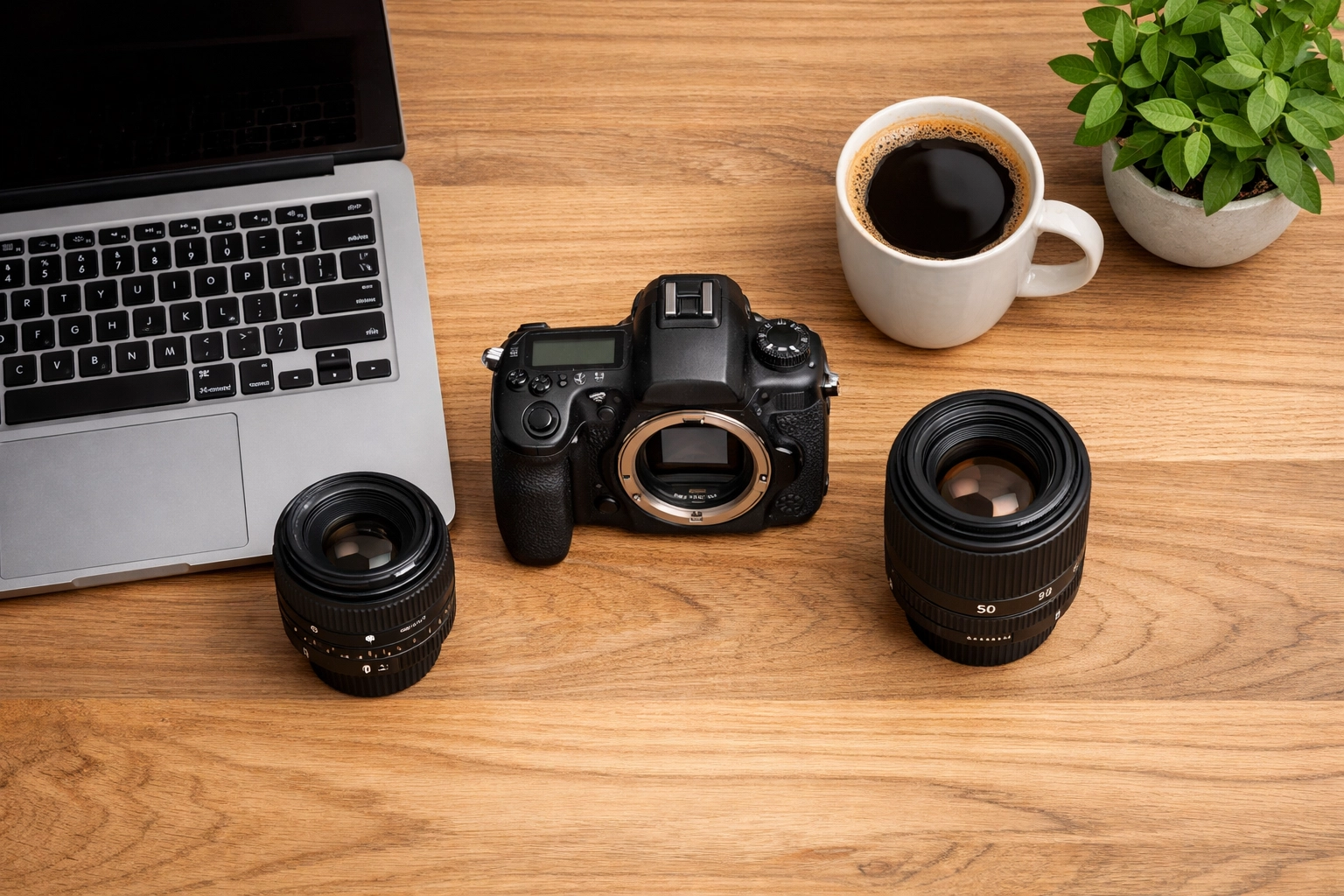 Essential photography gear and laptop on a desk for managing a photography booking experience.