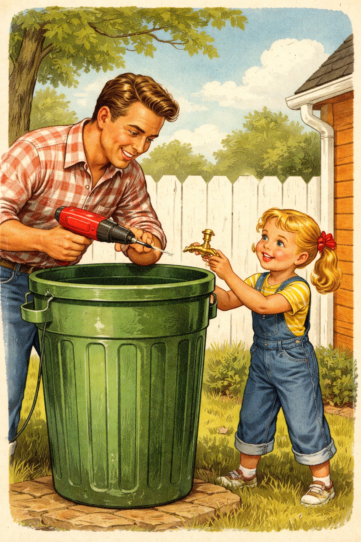 Parent and child build a rain barrel from a green trash can for backyard water saving