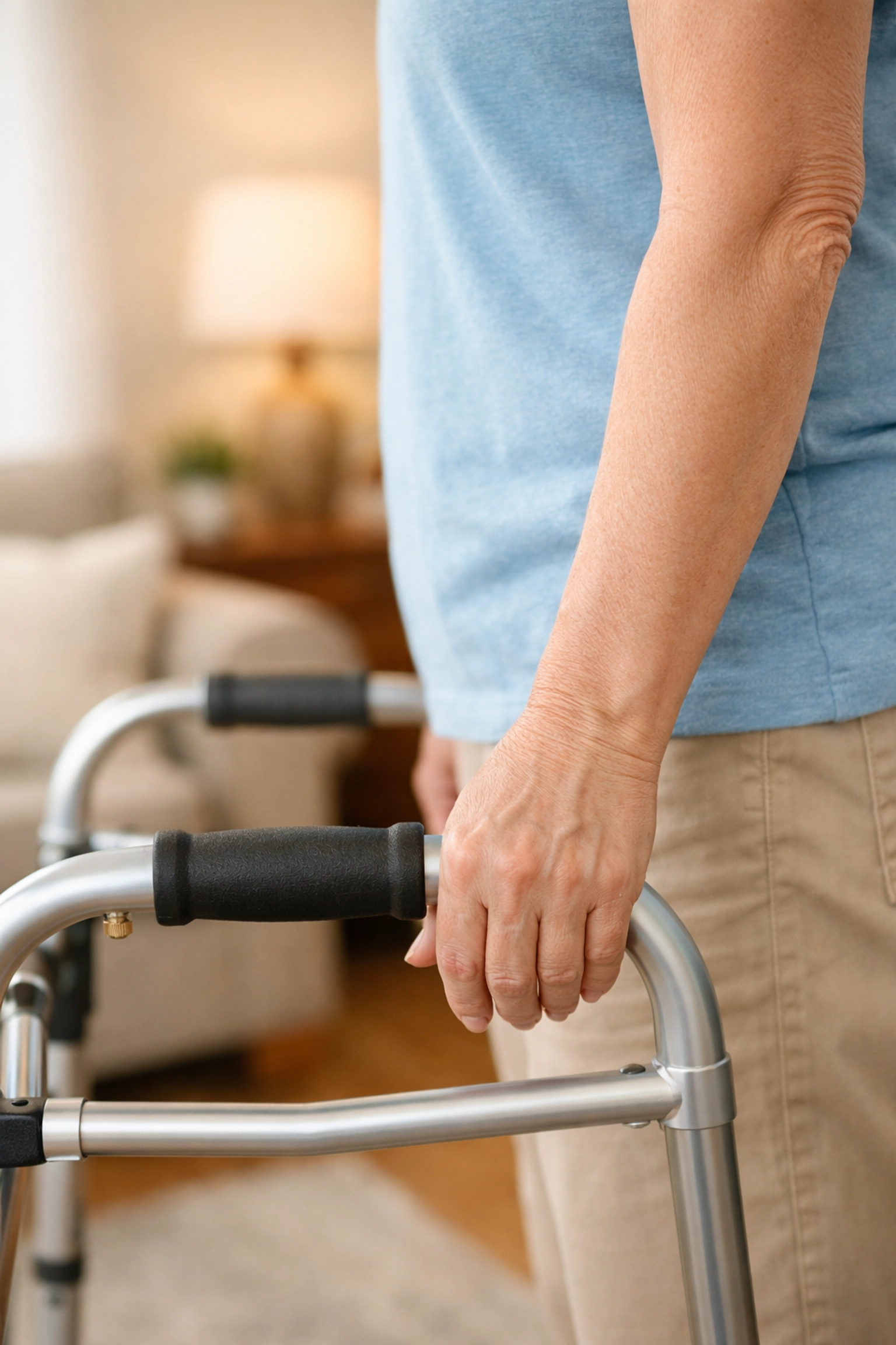 Proper walker handle height adjustment showing the grip aligned with the user's wrist crease.