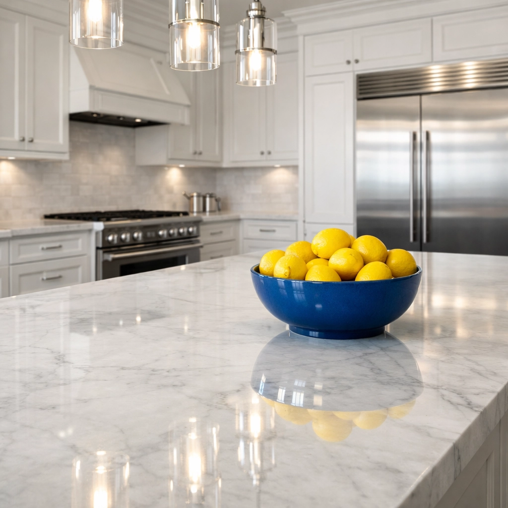 Spotless marble kitchen island and stainless appliances maintained with eco-friendly Lexington cleaning secrets.
