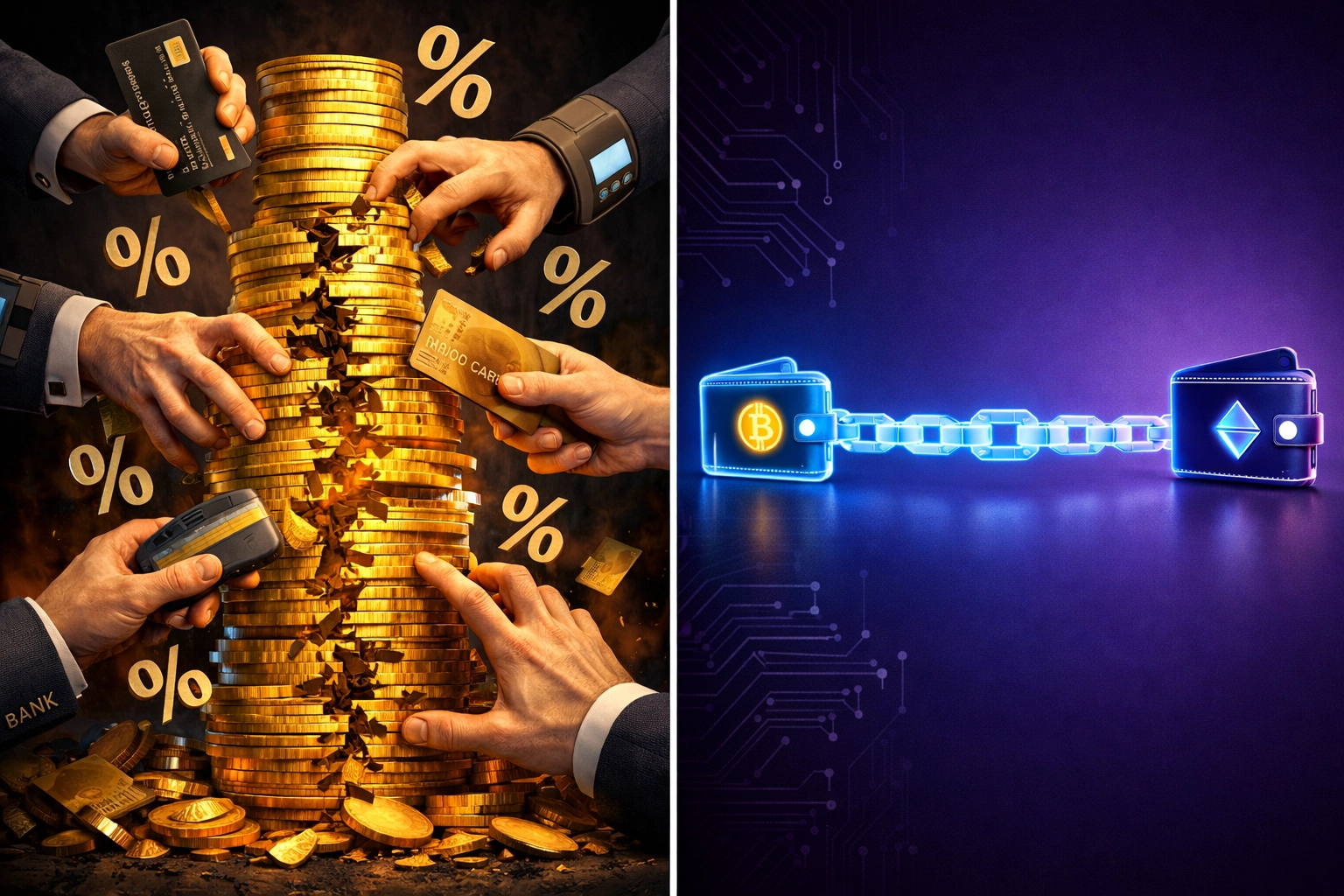 Traditional payment fees vs blockchain direct payments comparison showing reduced intermediaries