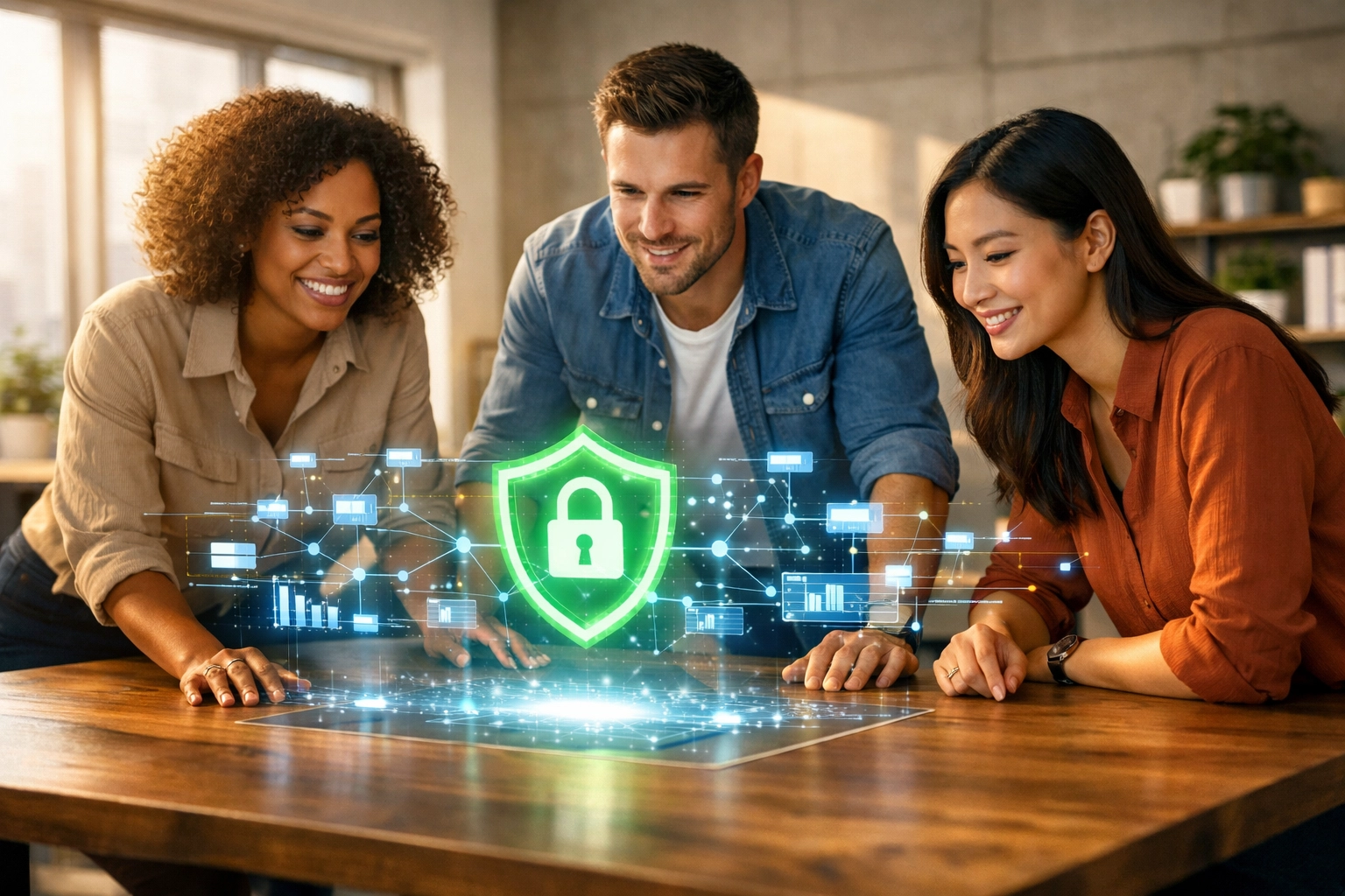 A diverse business team collaborating on secure AI data management and technical policy implementation.