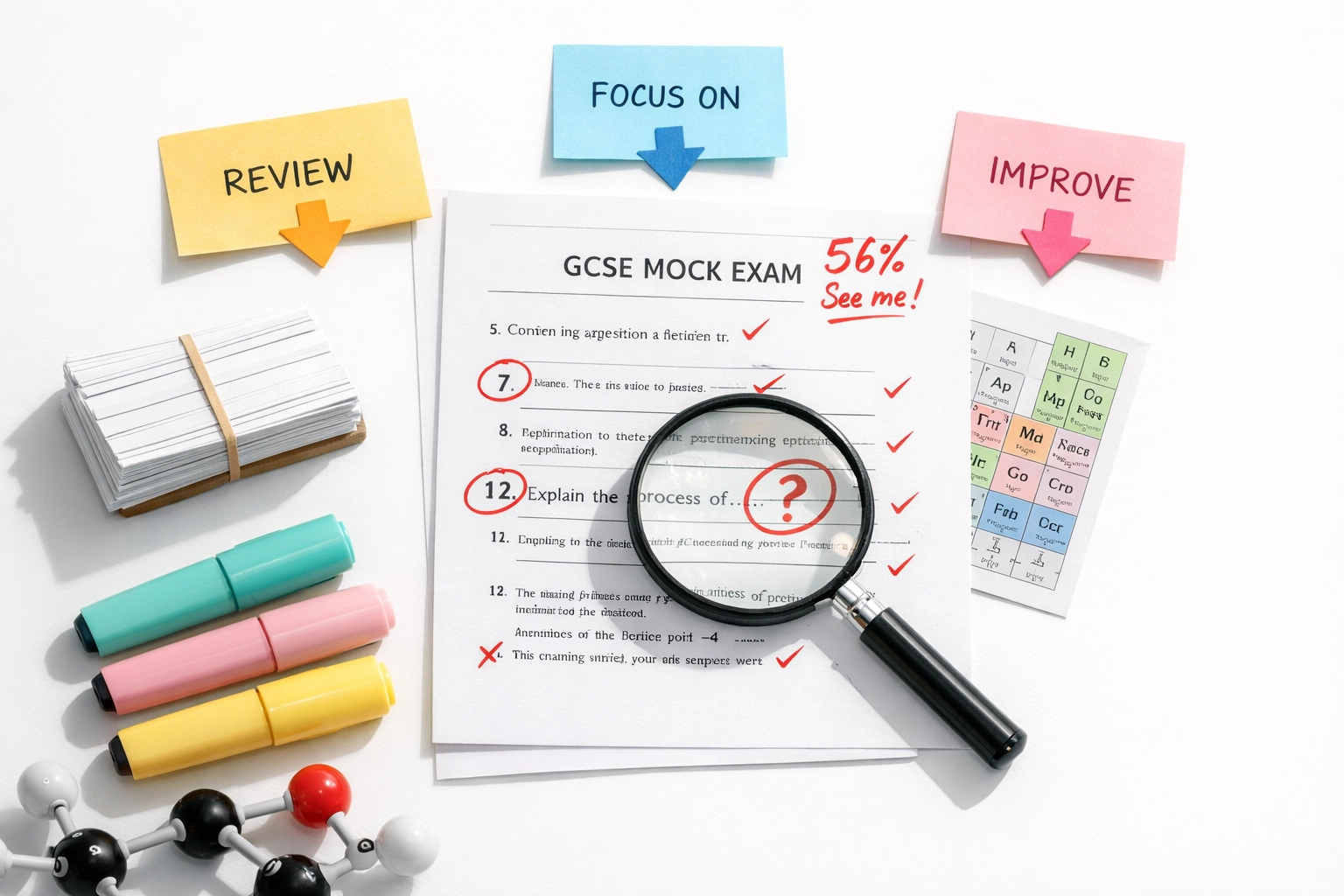 GCSE mock exam paper surrounded by revision materials showing how to turn results into focused study plans