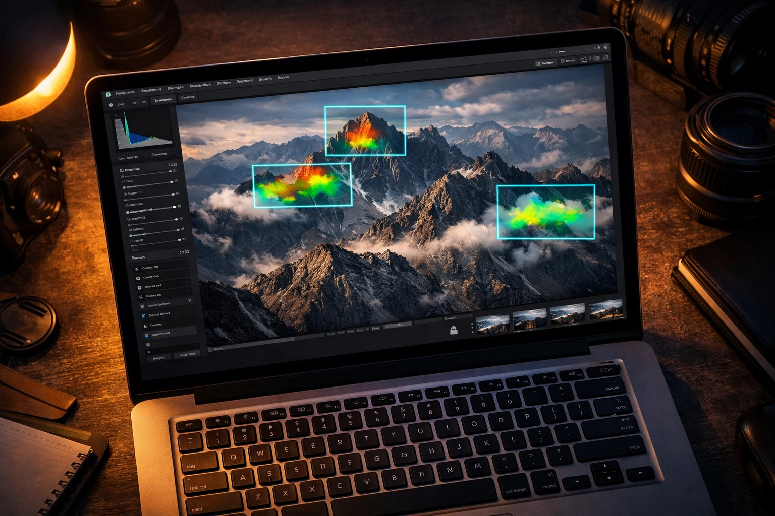 Professional studio setup showing AI photo editing software identifying layers in a landscape photo.