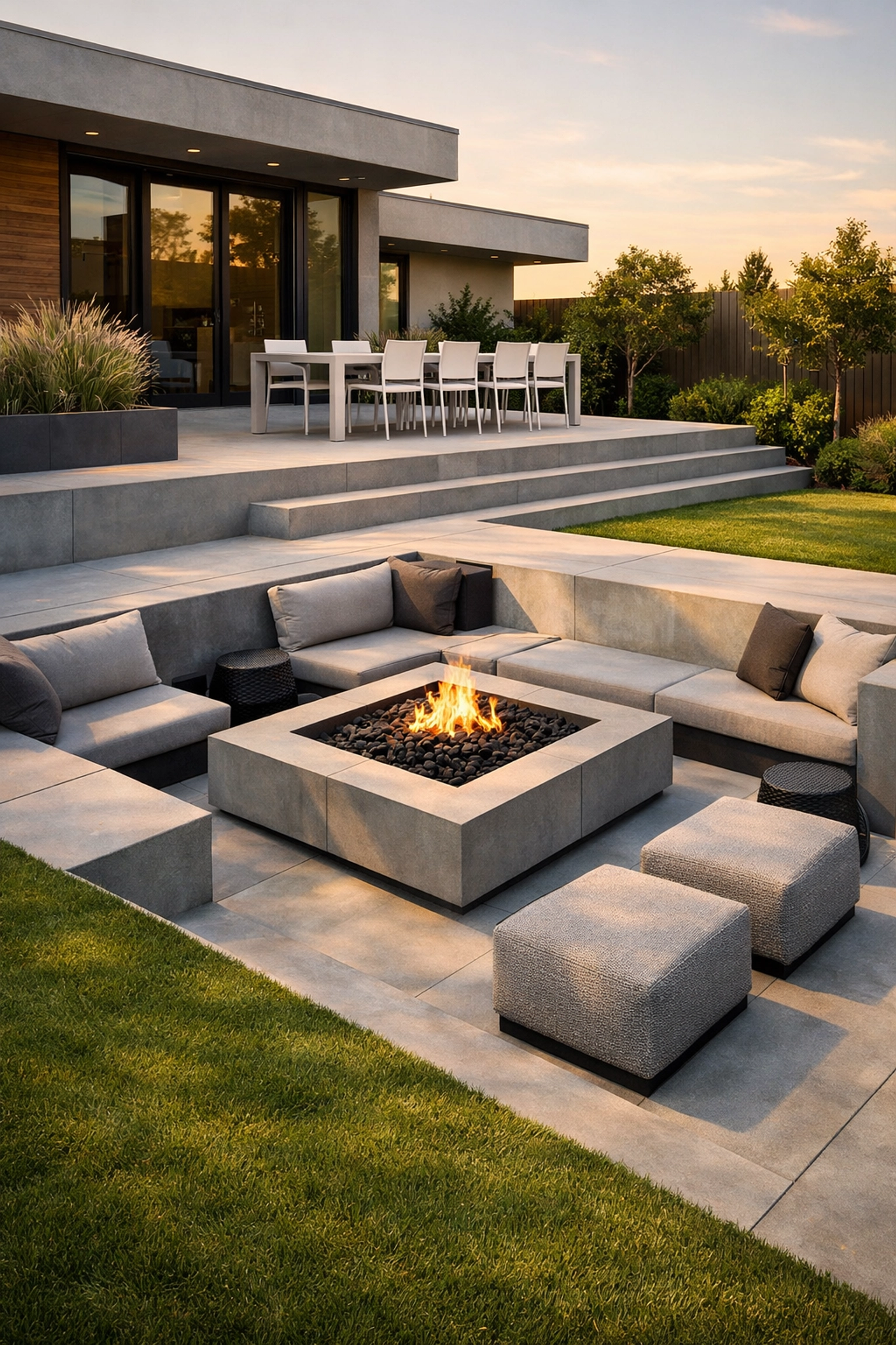 Modern multi-level concrete patio featuring a built-in fire pit and sleek outdoor lounge area.
