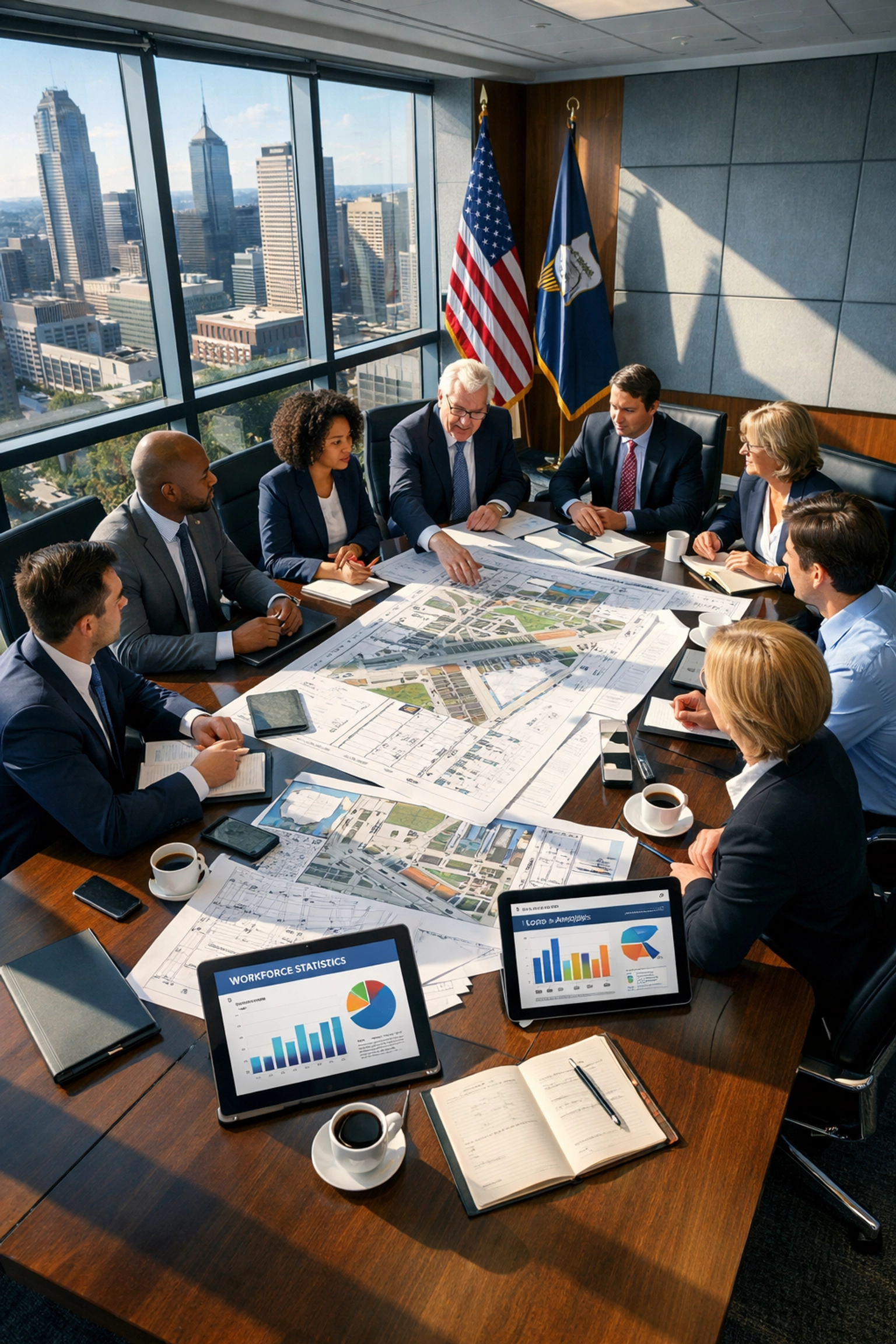 State workforce development officials reviewing infrastructure planning documents and data analytics