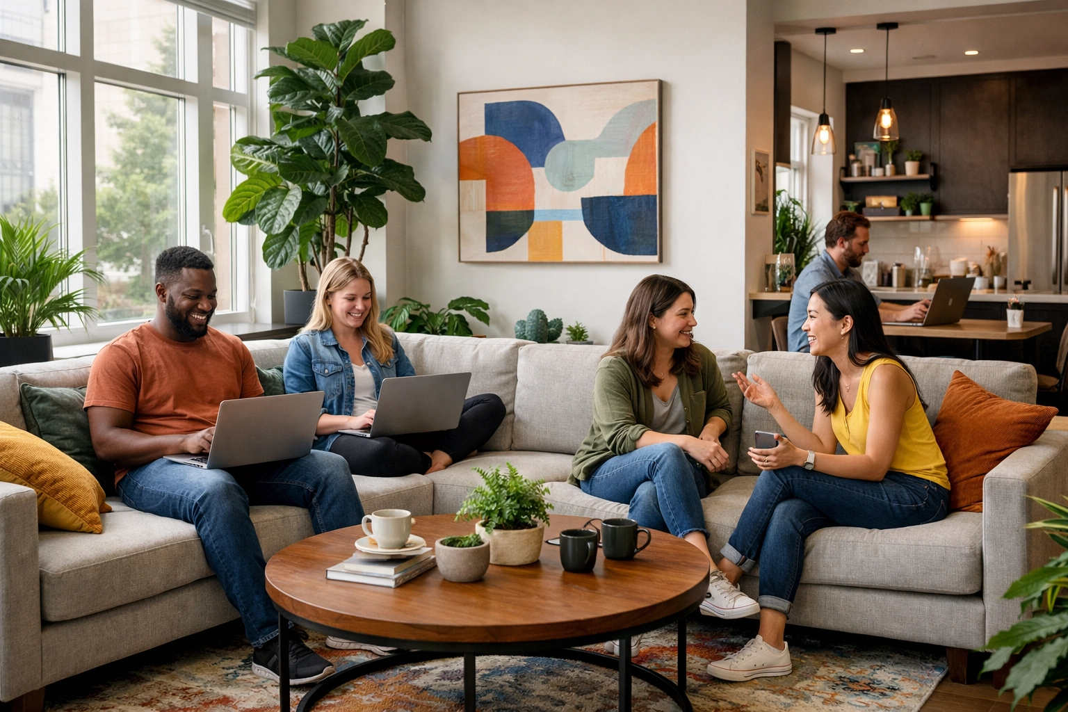 [LIFESTYLE] Vibrant Charlotte co-living common area with professionals working and relaxing in a bright, modern shared living room (Work-From-Home/Tech)