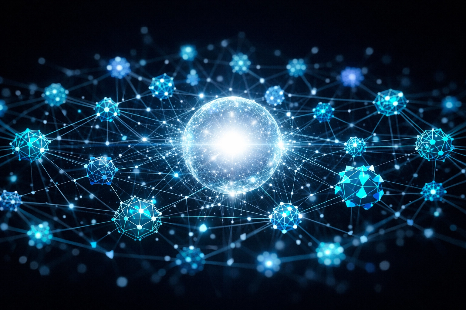 Digital network representing semantic content clusters connected to a central pillar topic for tech SEO.