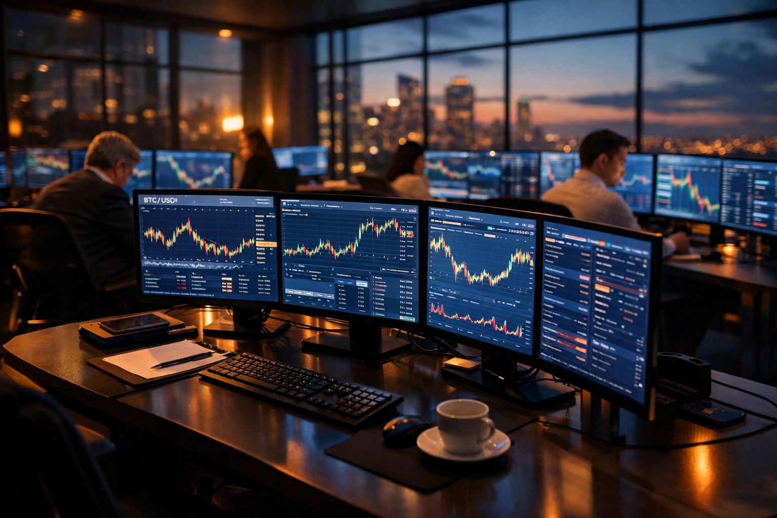 Institutional trading floor with monitors displaying cryptocurrency and financial market data