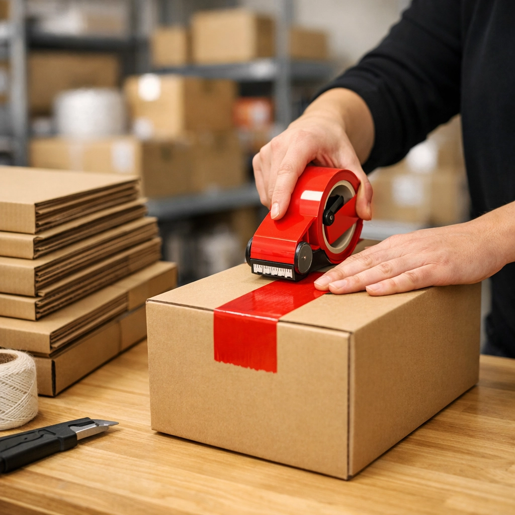 Efficient retail fulfilment packing station in an Enfield distribution center featuring high-quality packaging.