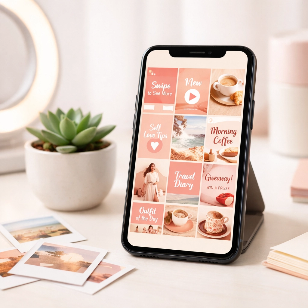 Smartphone displaying varied social media content formats including posts, reels, and carousels