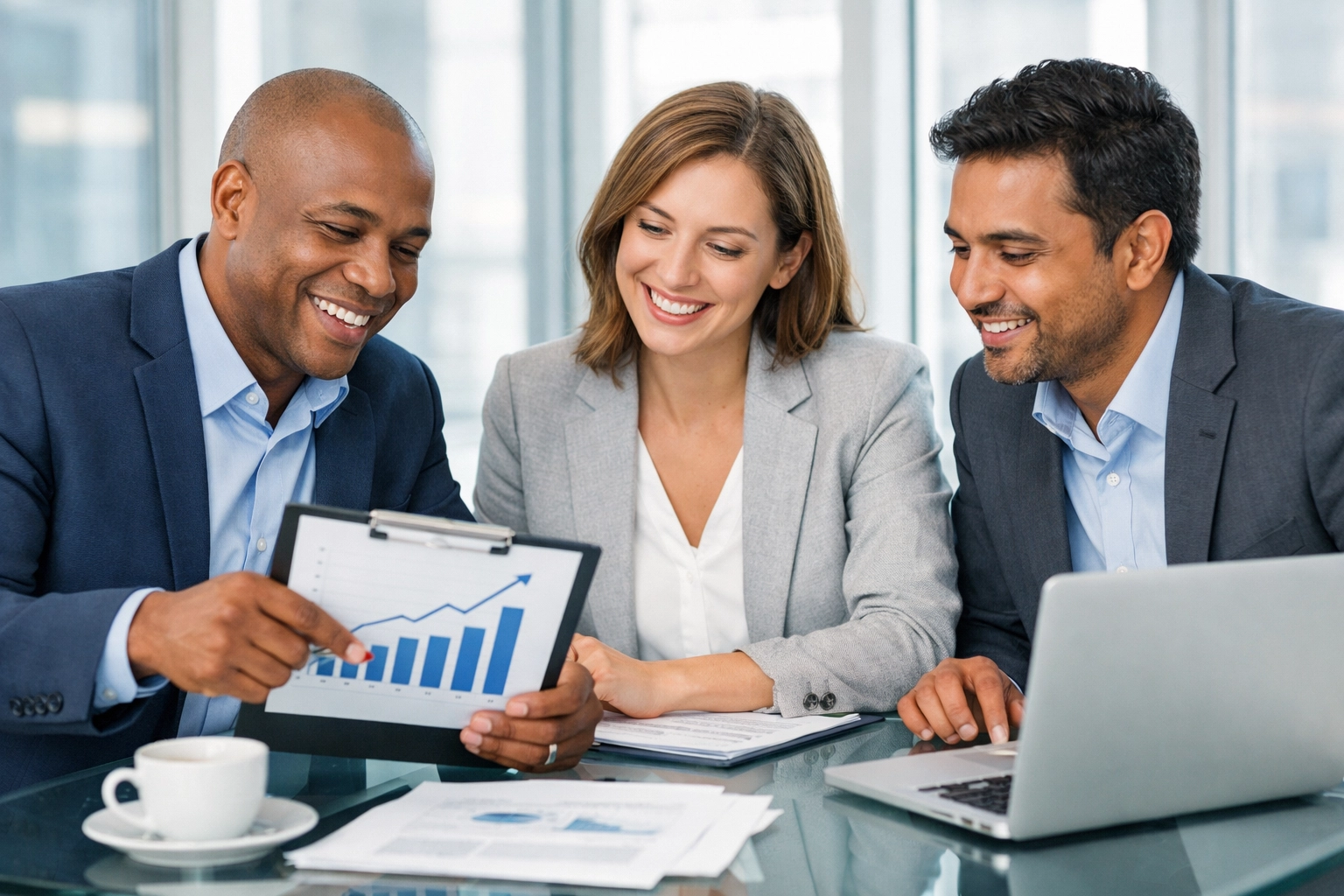 Small business professionals reviewing tax planning documents showing financial growth and success