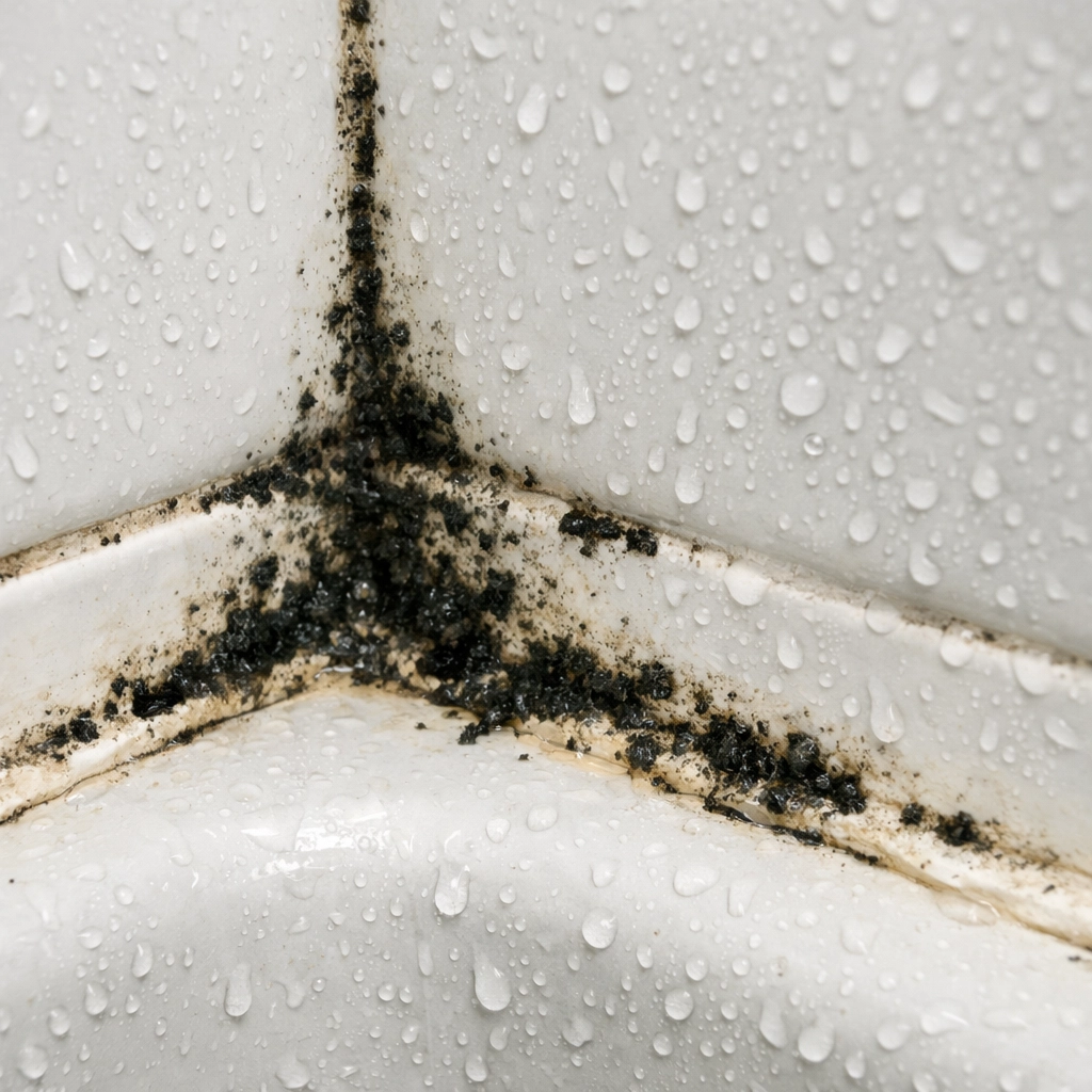Black mold growing on bathroom tile grout and shower edges with water droplets