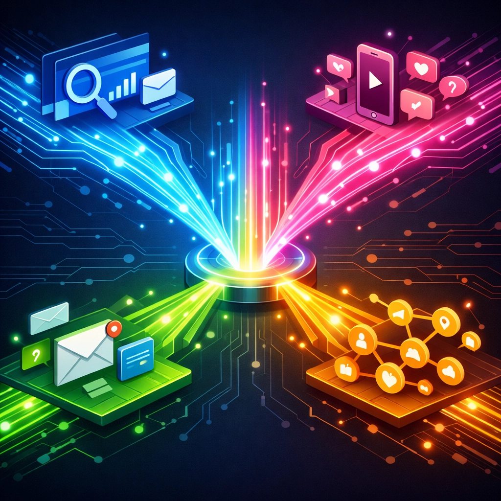 Multi-channel digital marketing strategy connecting email, social media, and search by Simon Leung